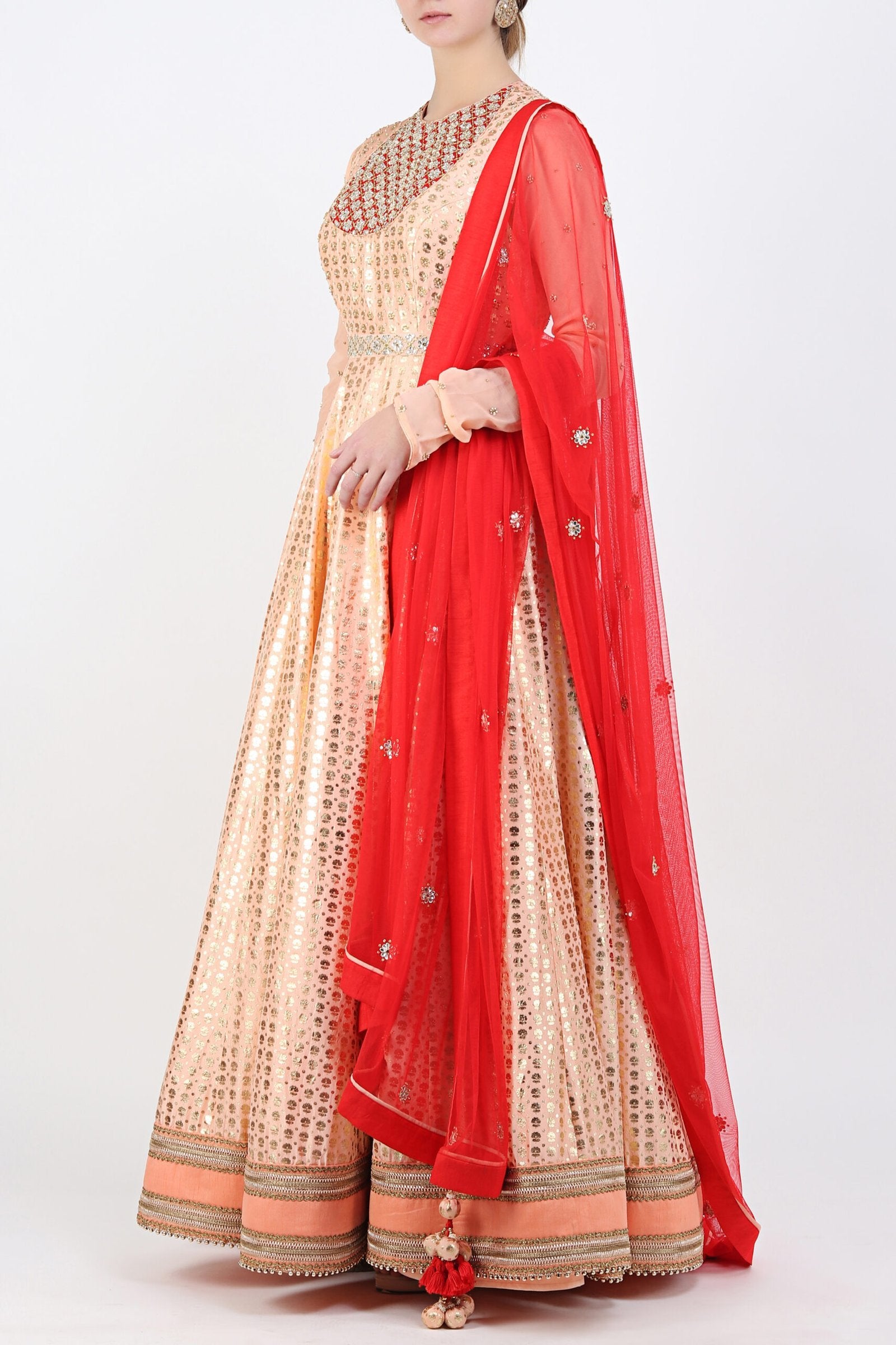gold printed embroidered kalidar with dupatta and churidar.