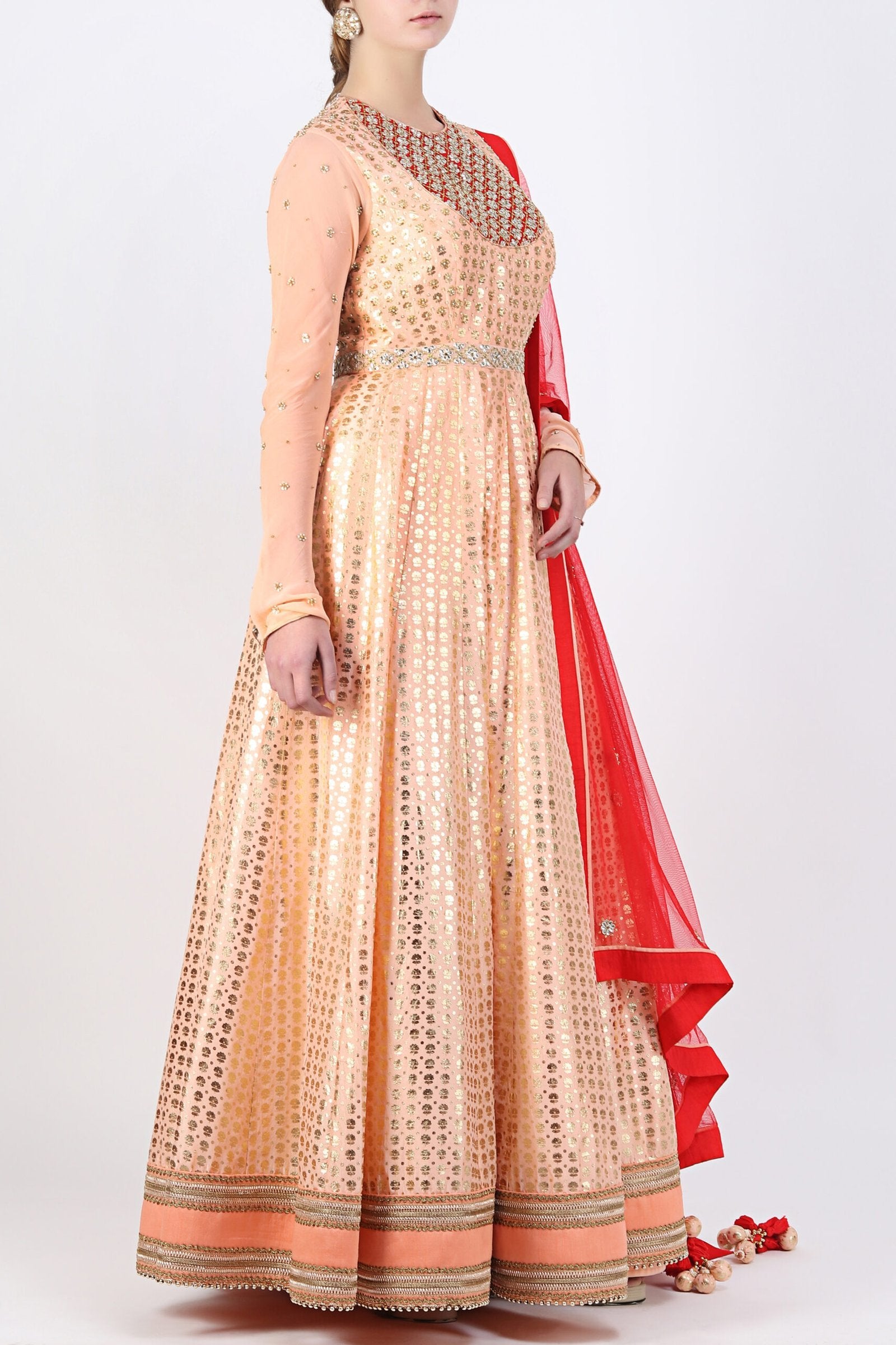gold printed embroidered kalidar with dupatta and churidar.