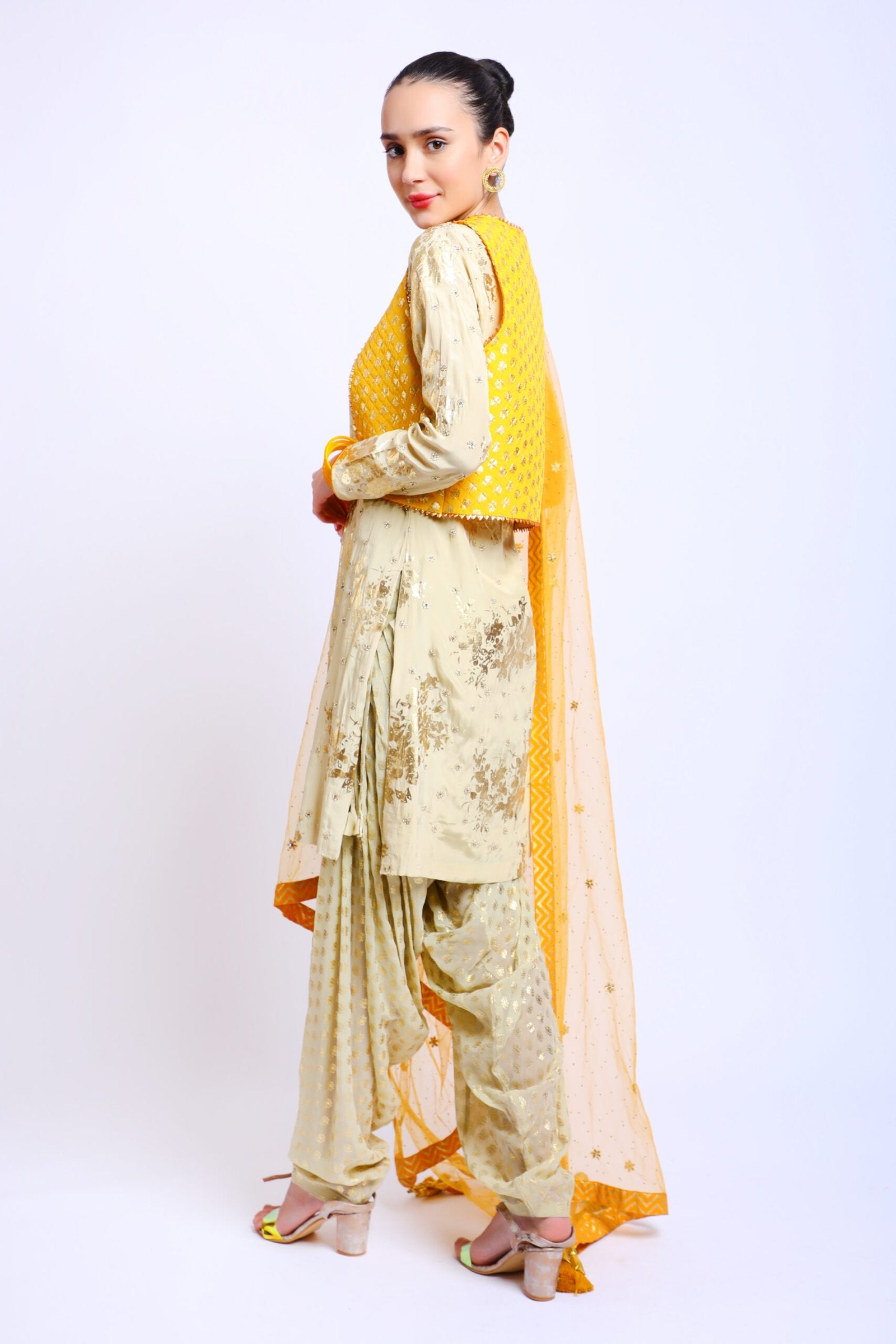 Antique Jade Crepe Embroidered Kurta Set paired with Salwar, Jacket & Dupatta