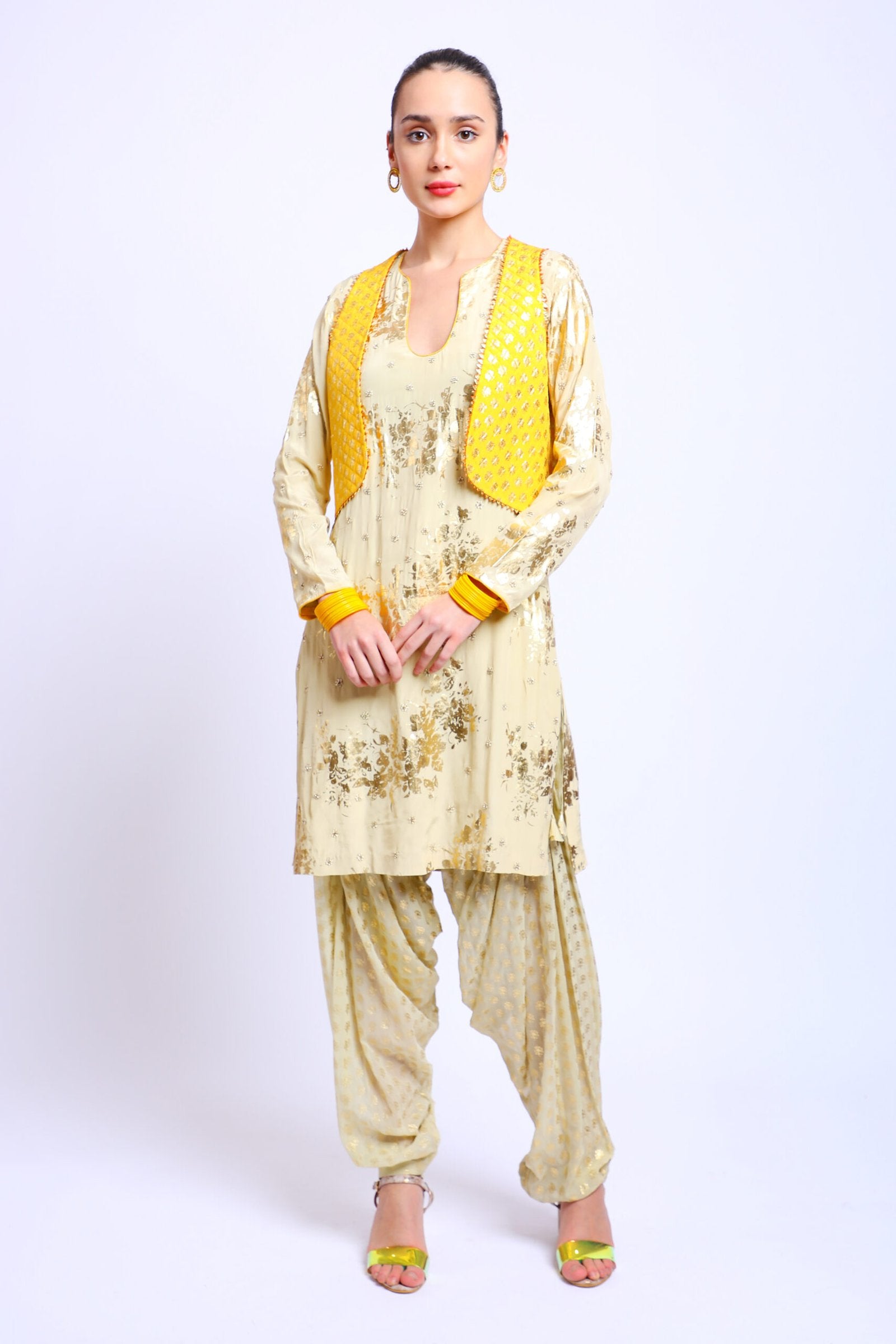 Antique Jade Crepe Embroidered Kurta Set paired with Salwar, Jacket & Dupatta