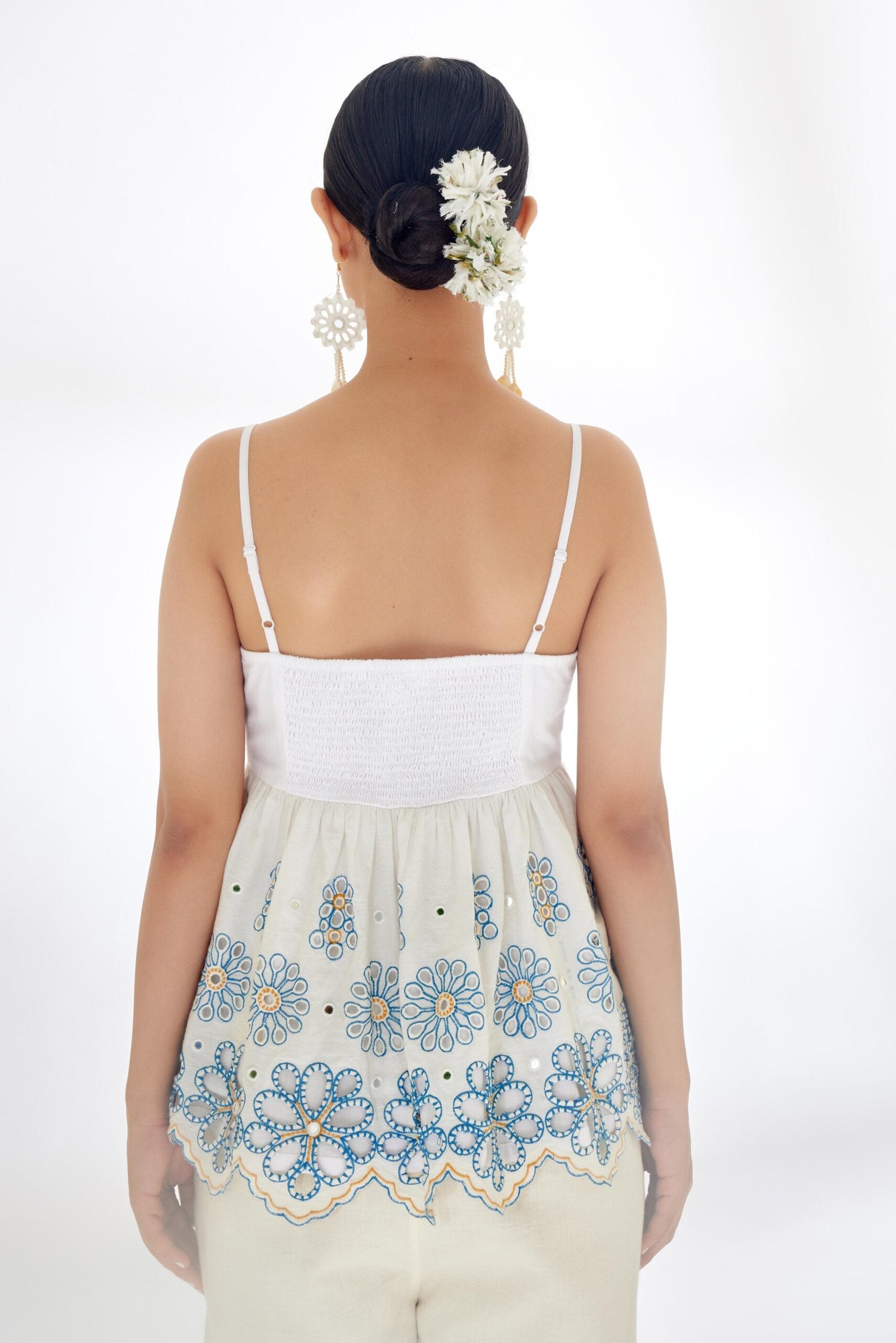 Ivory hand embroidered mirror work schiffli peplum top