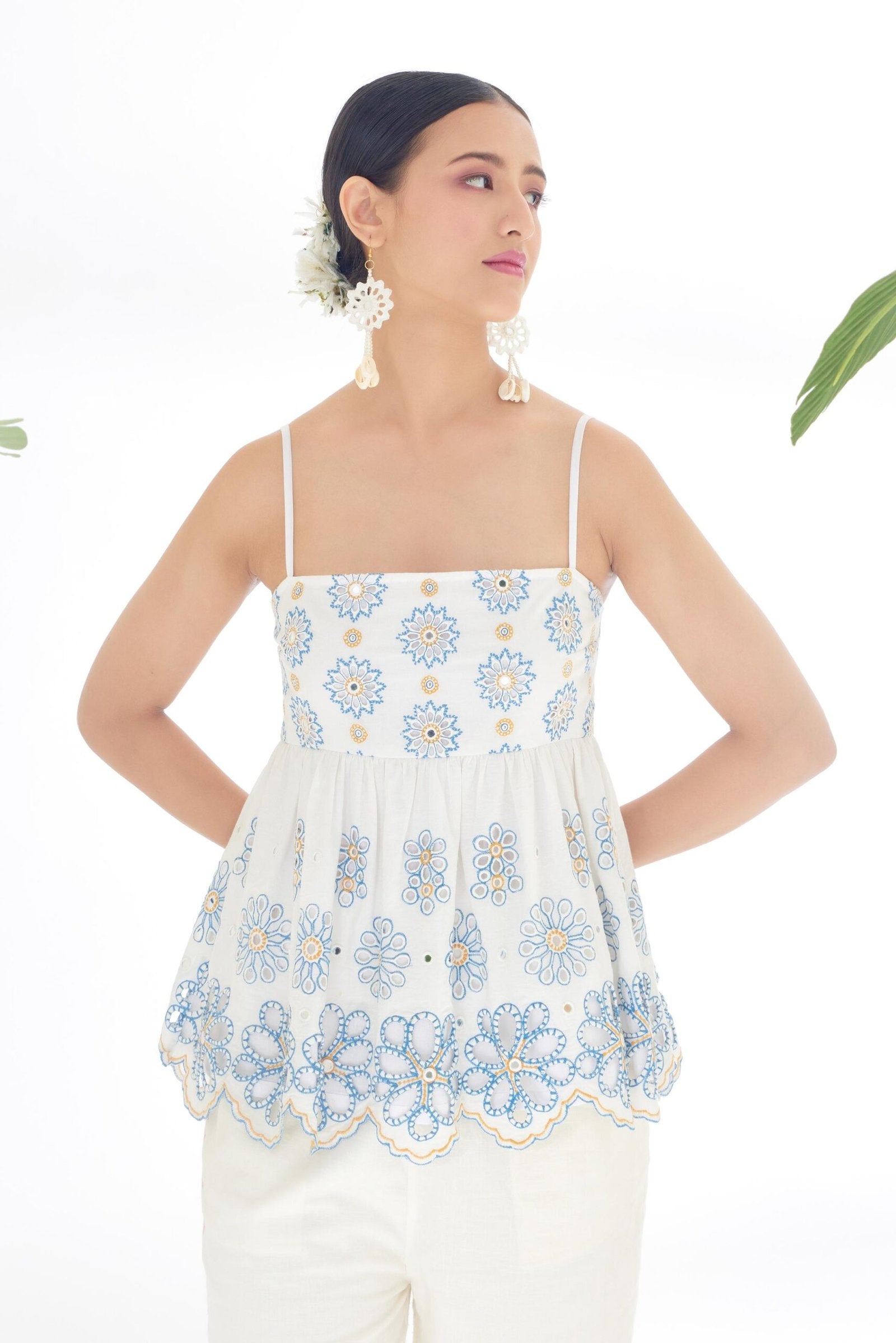 Ivory hand embroidered mirror work schiffli peplum top