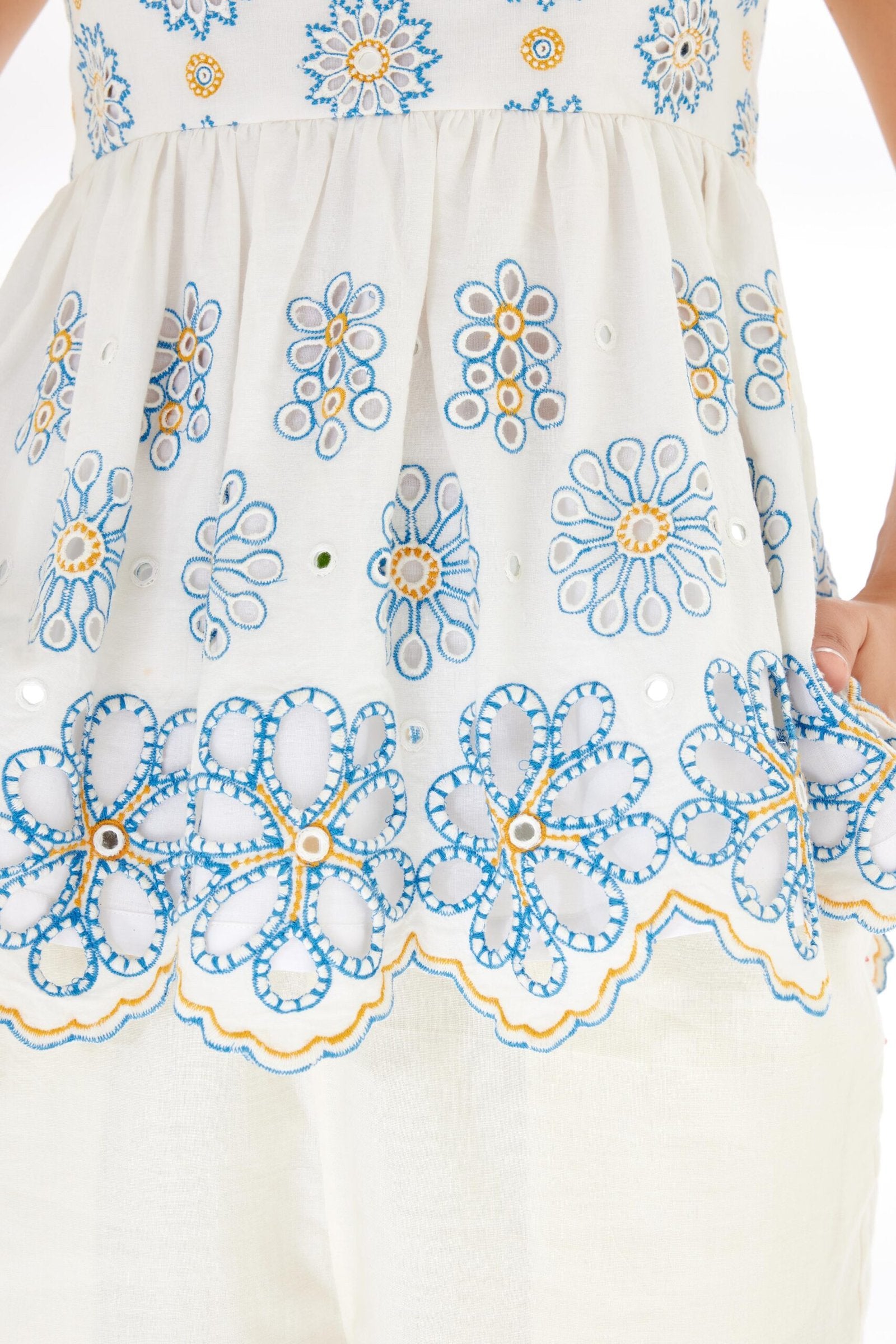 Ivory hand embroidered mirror work schiffli peplum top
