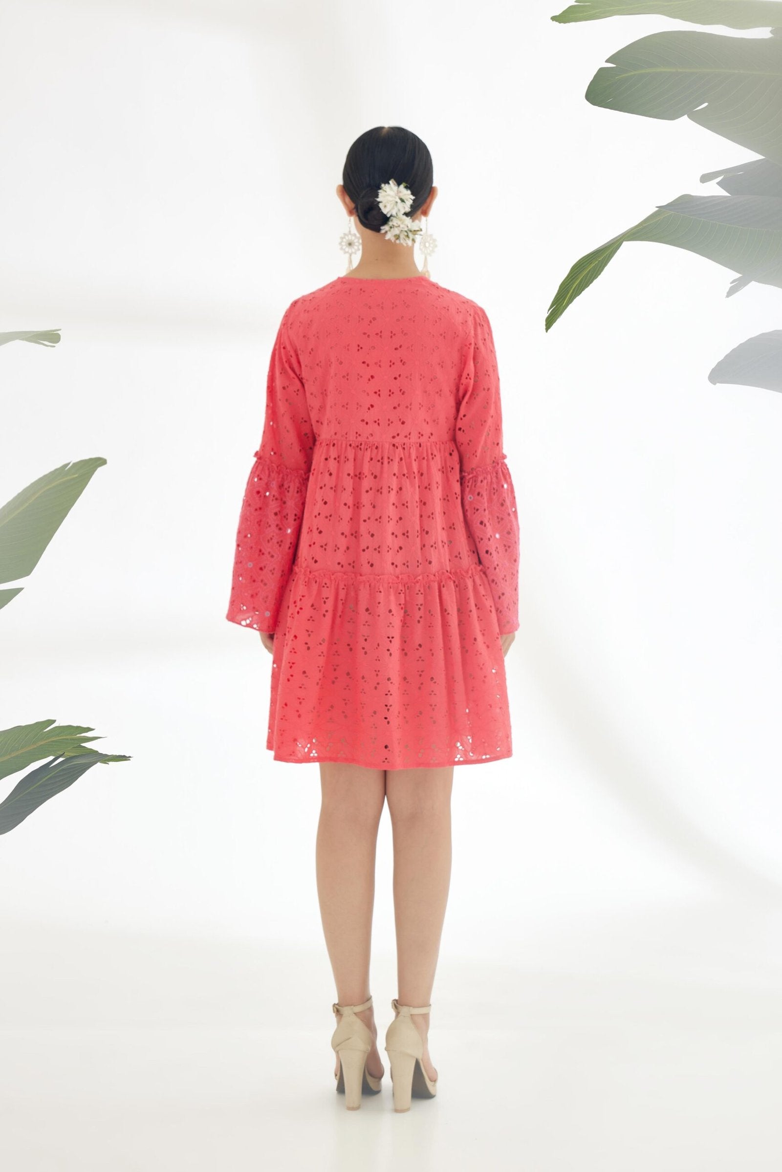 Fuschia Pink hand embroidered mirror work short Dress