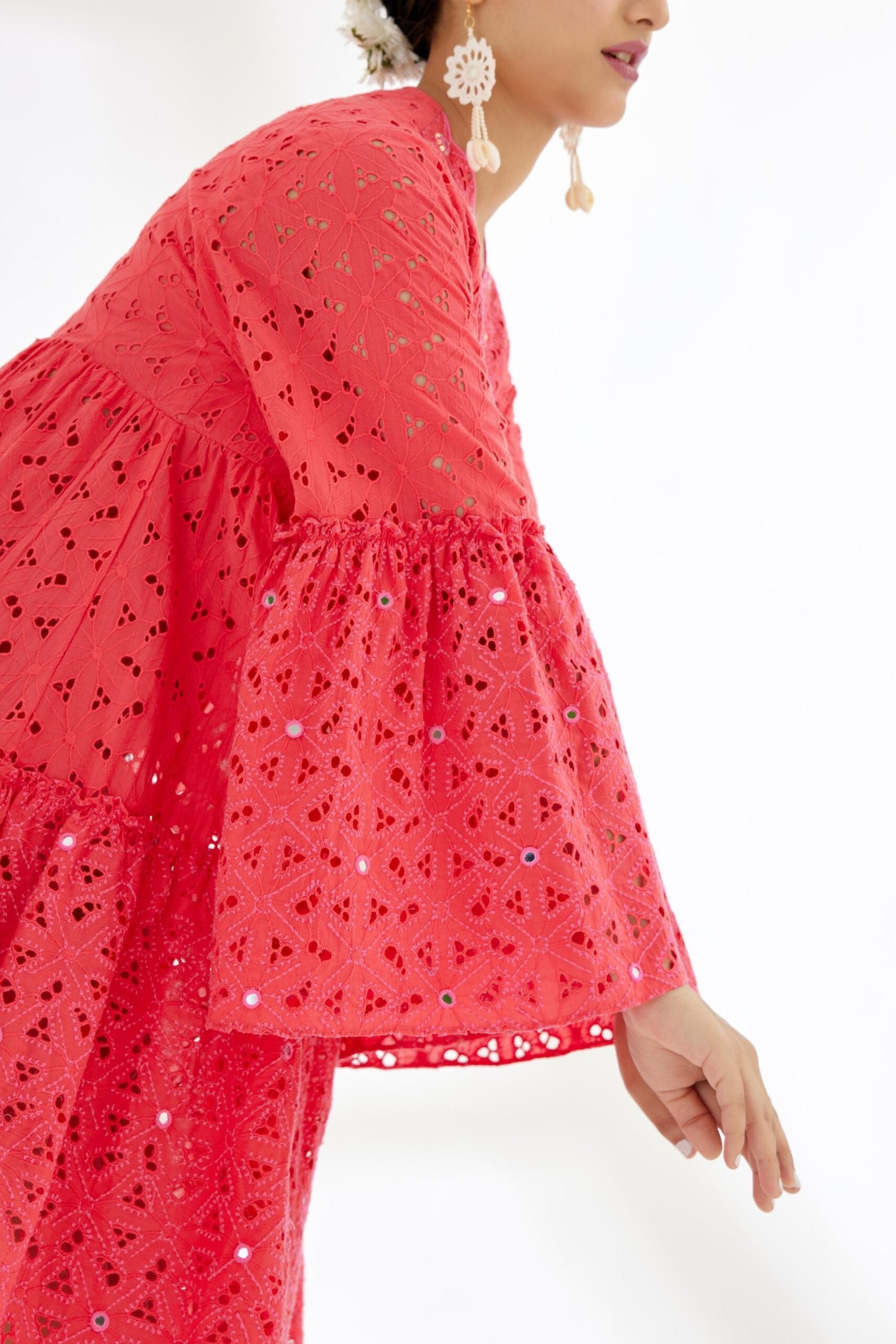 Fuschia Pink hand embroidered mirror work short Dress