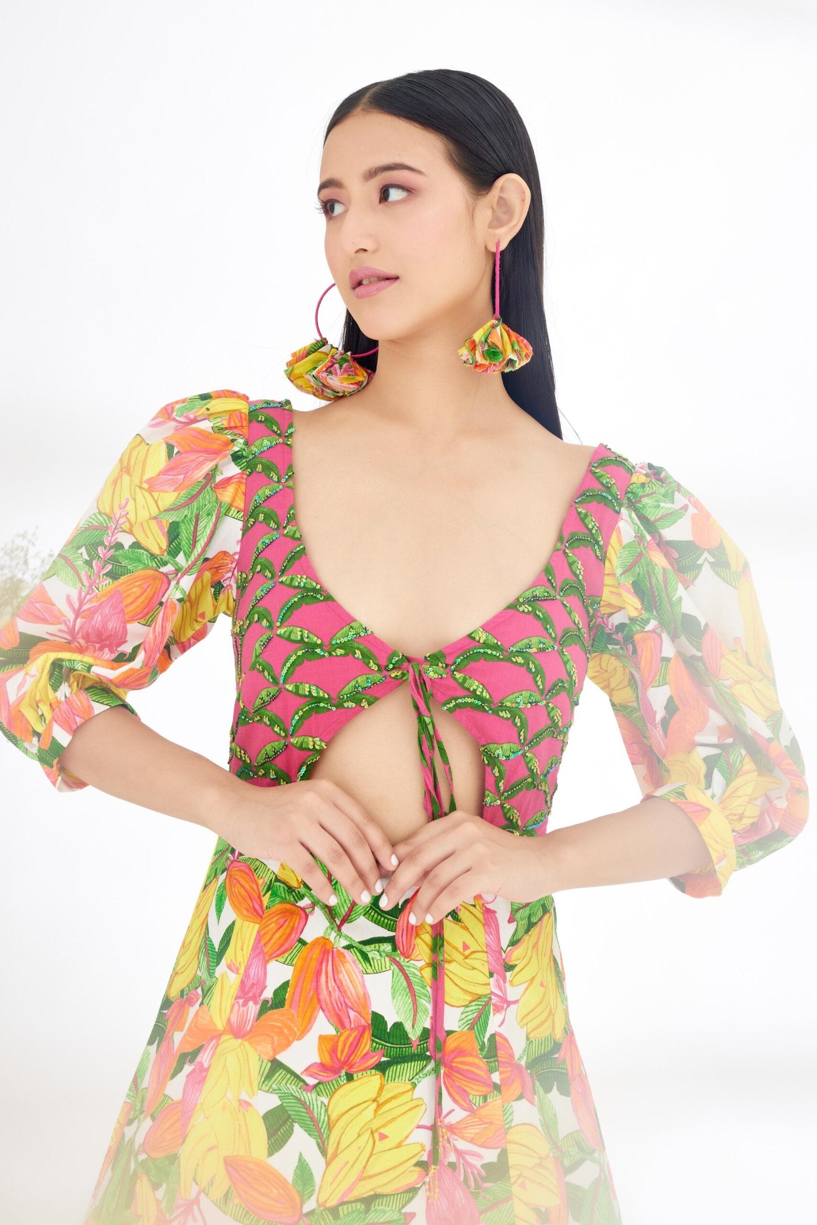 Bespoke hand painted Banana Fruit Print Cutout Dress