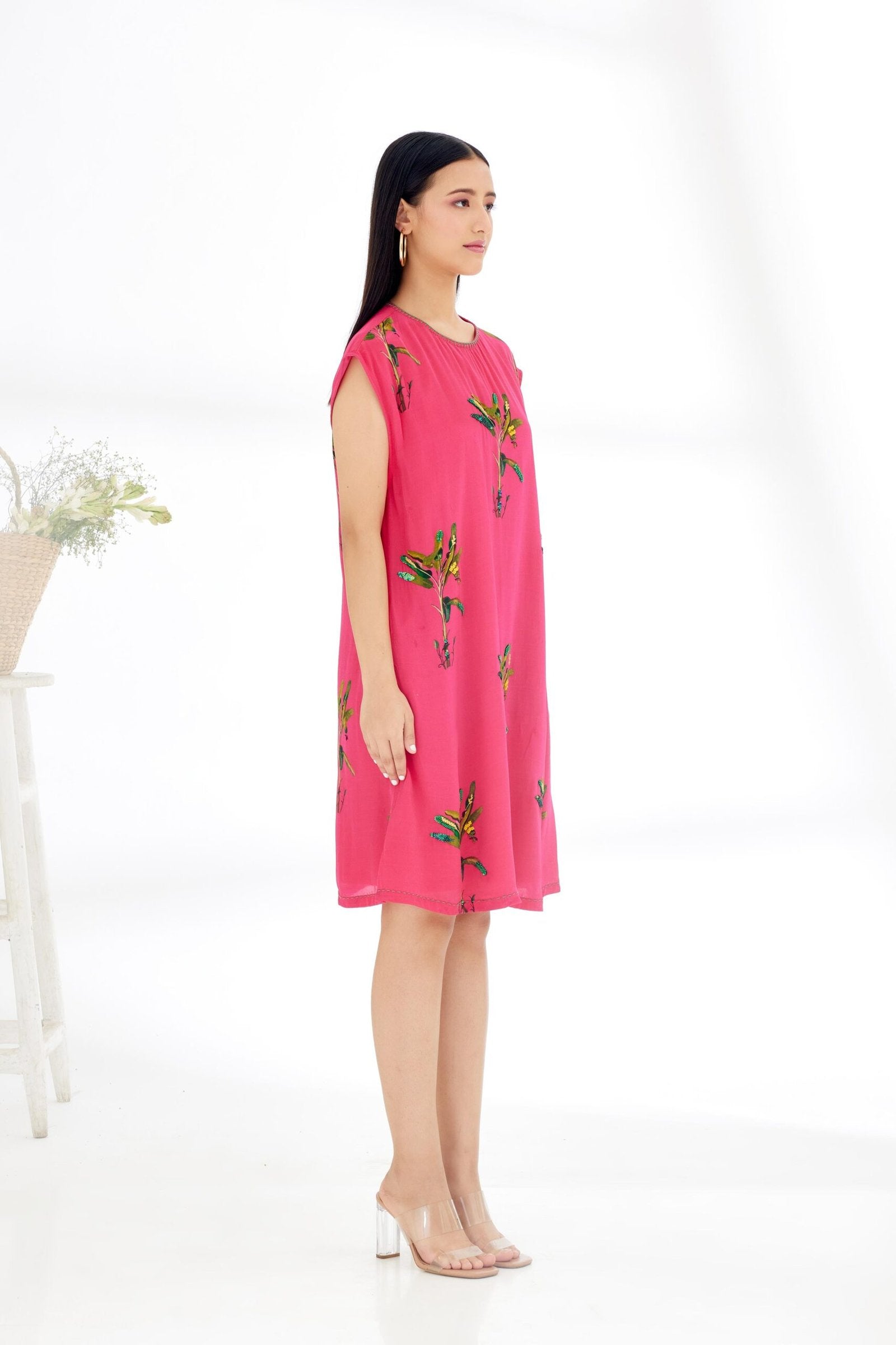 Fuschia Pink Hand painted Banana Tree Print Shift Dress