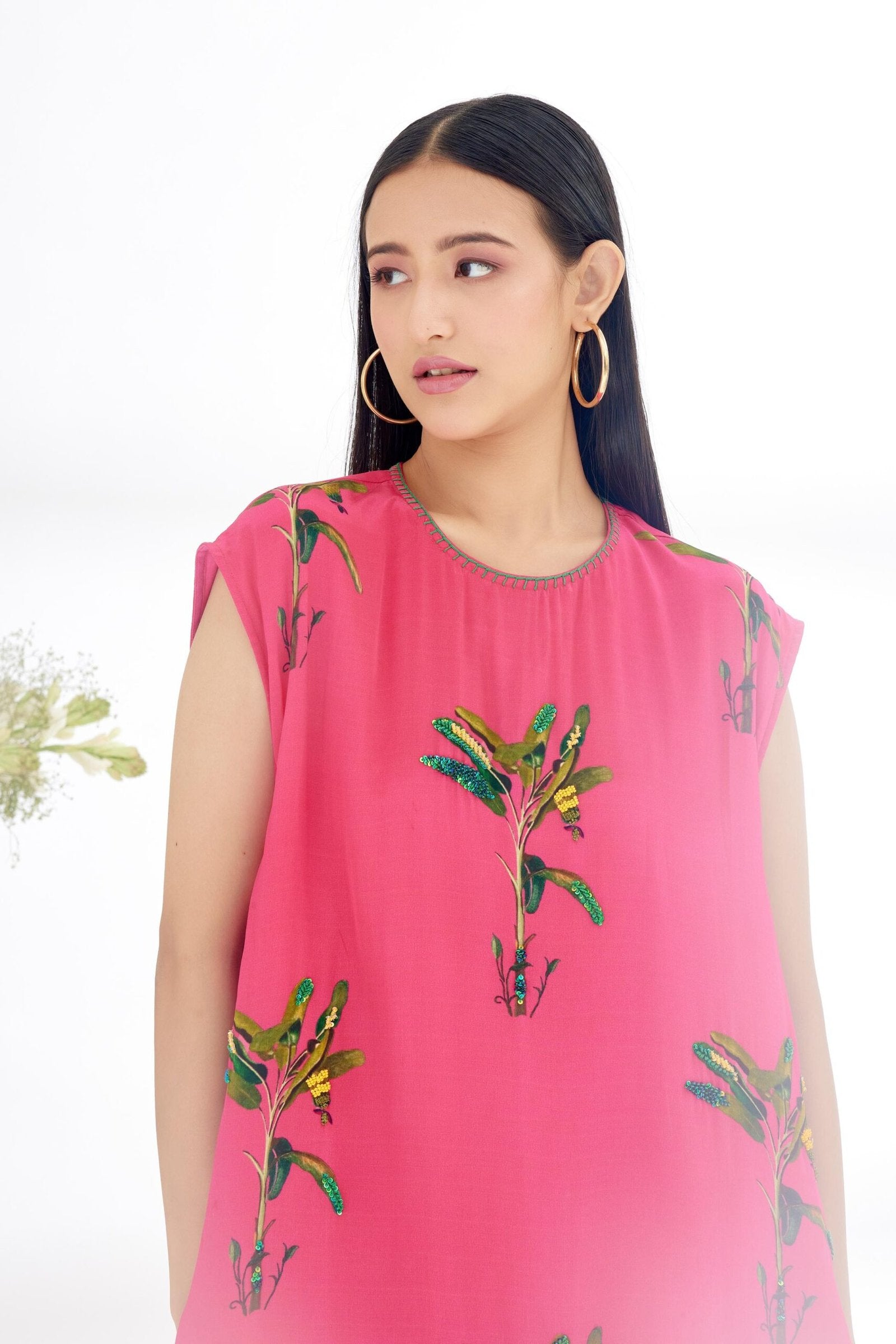 Fuschia Pink Hand painted Banana Tree Print Shift Dress