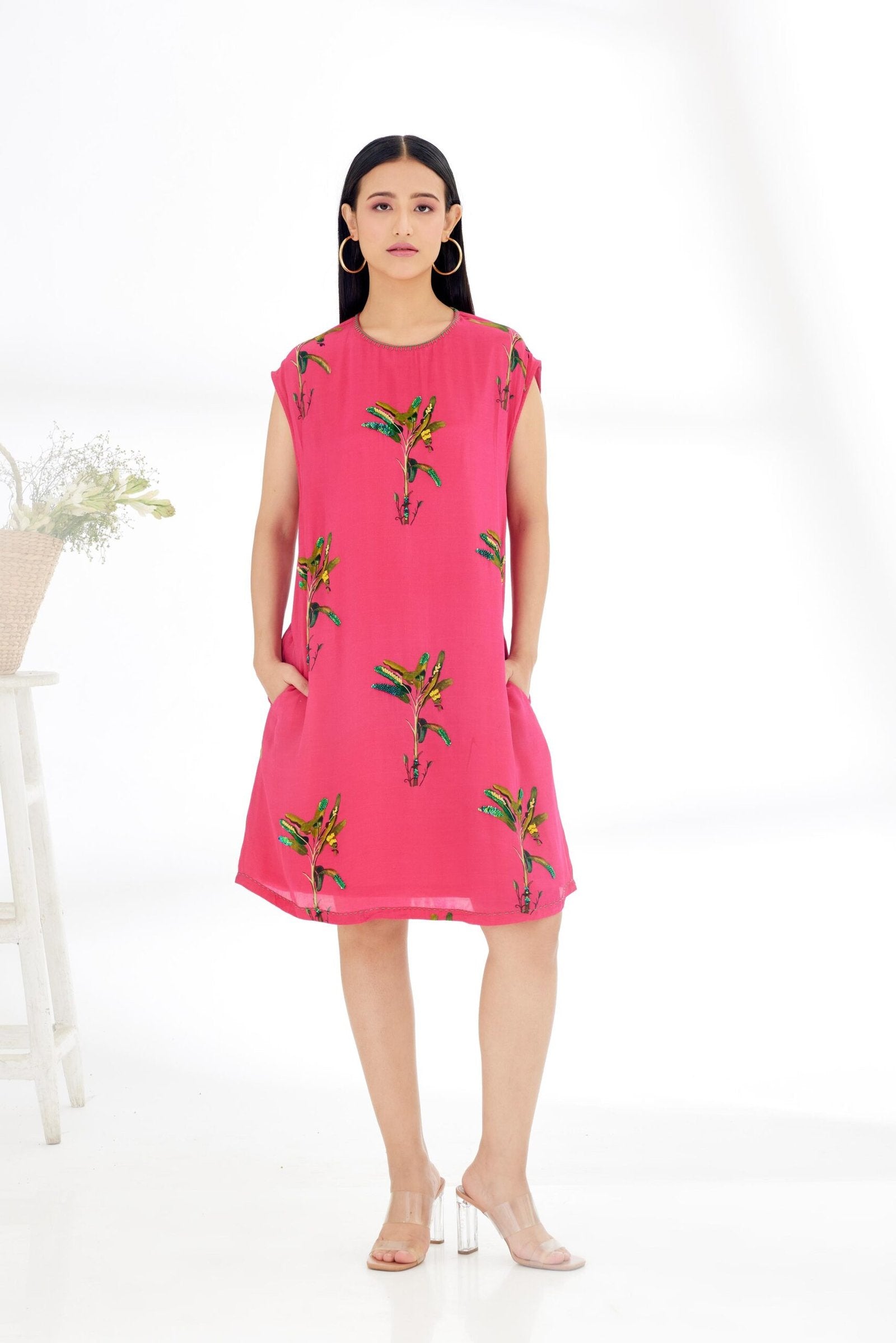 Fuschia Pink Hand painted Banana Tree Print Shift Dress