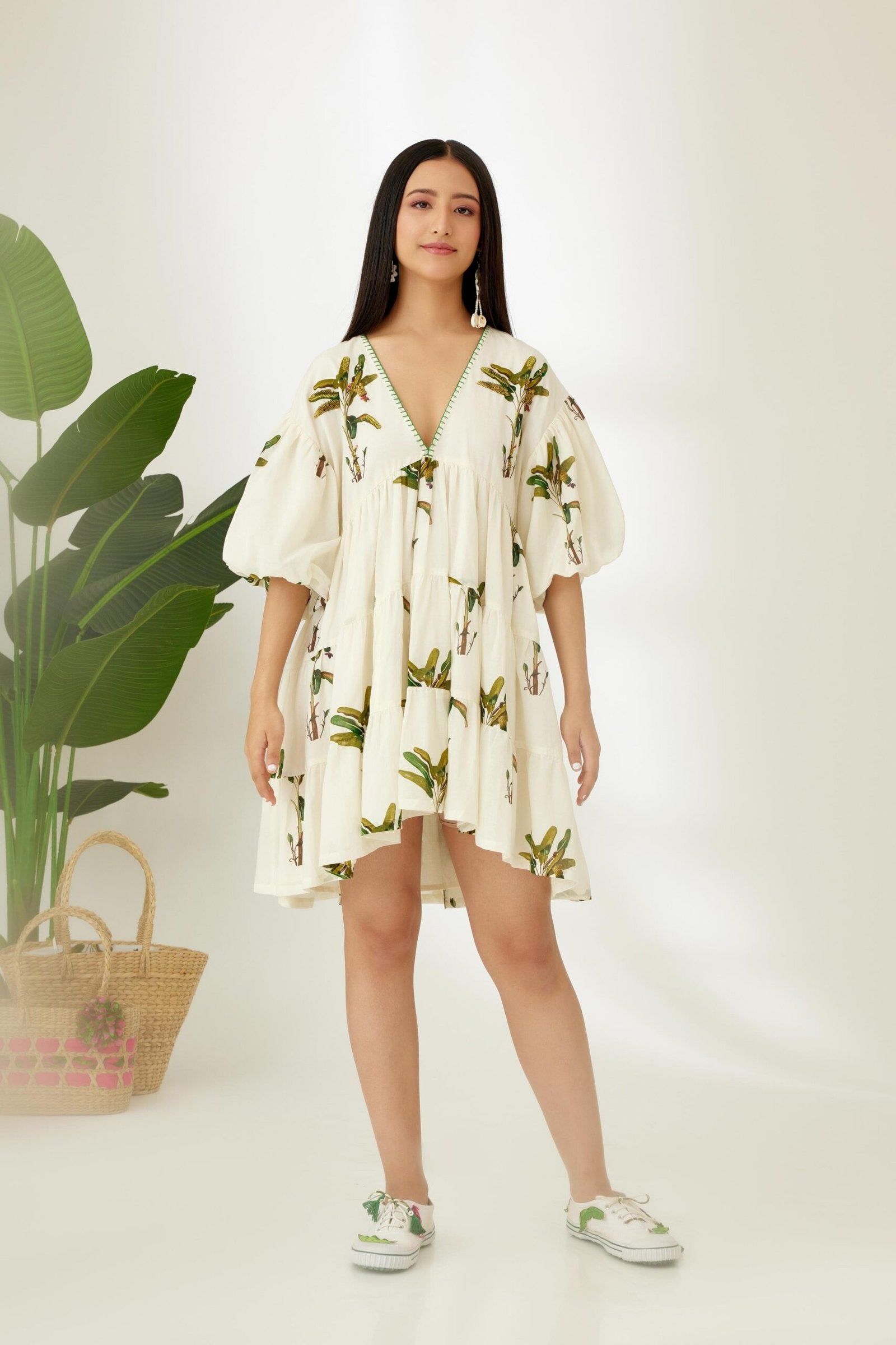 Off-White Hand painted Banana Tree Print Tier Short Dress