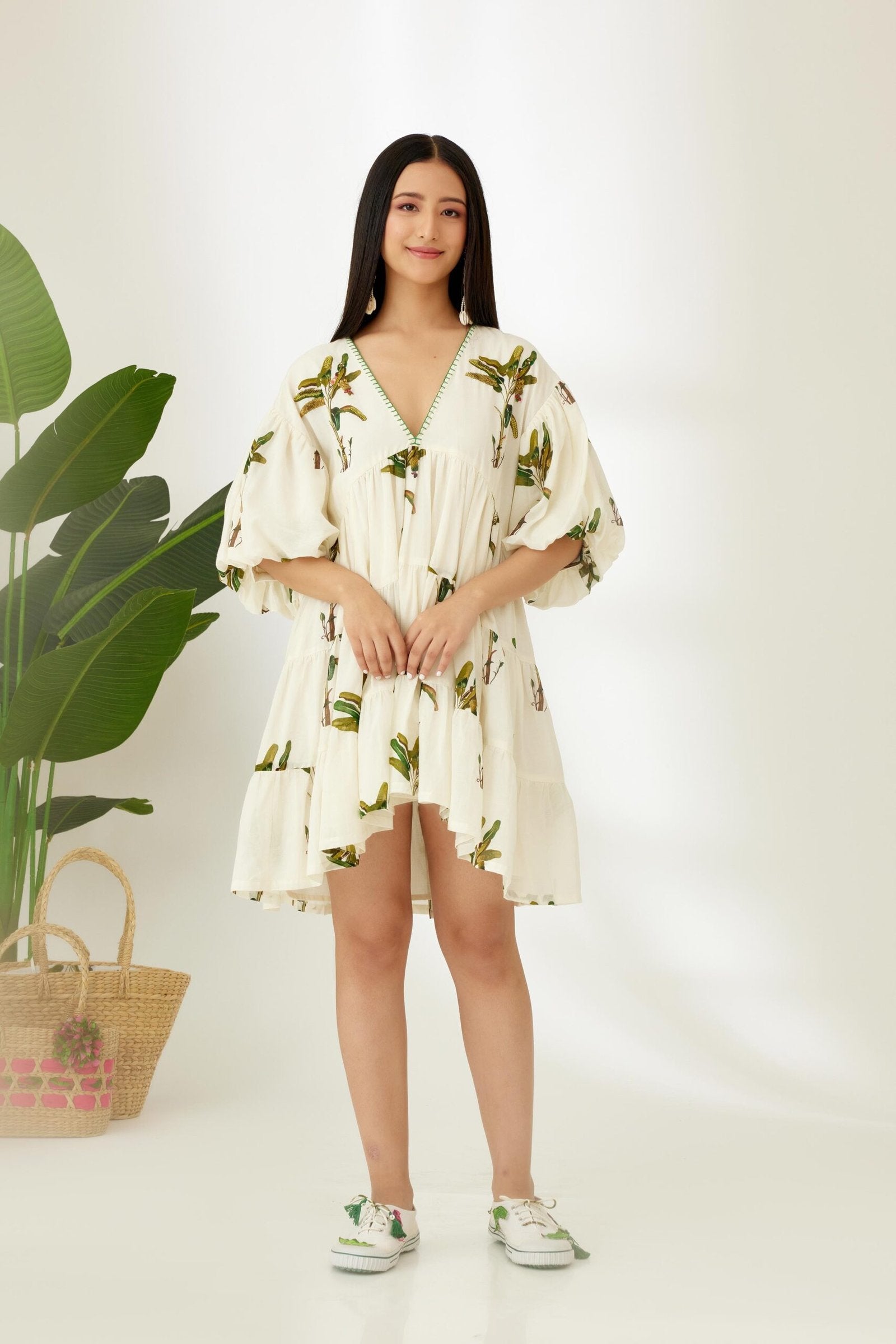 Off-White Hand painted Banana Tree Print Tier Short Dress