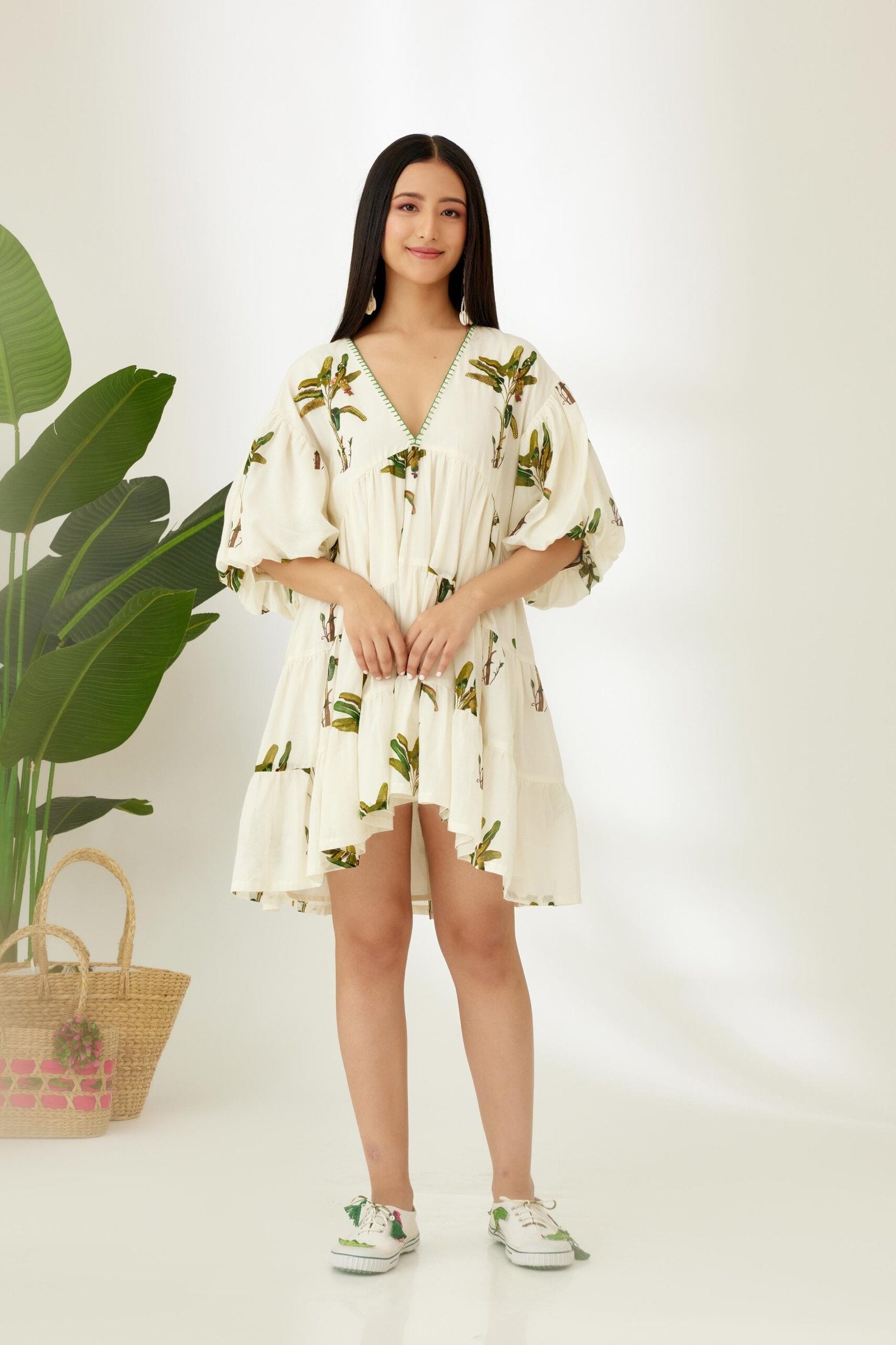NEHA DHUPIA In Off-White Hand painted Banana Tree Print Tier Short Dress