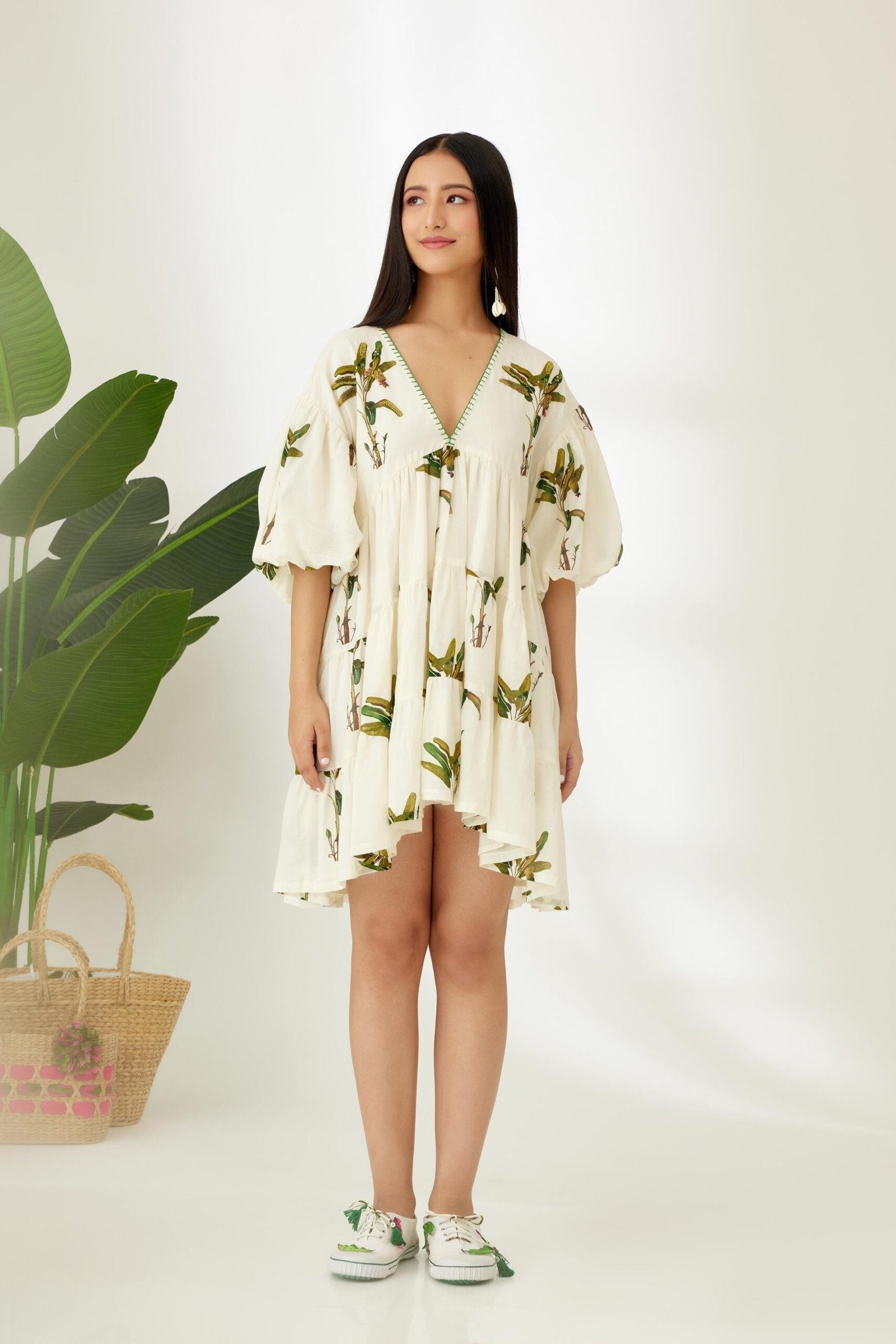 NEHA DHUPIA In Off-White Hand painted Banana Tree Print Tier Short Dress