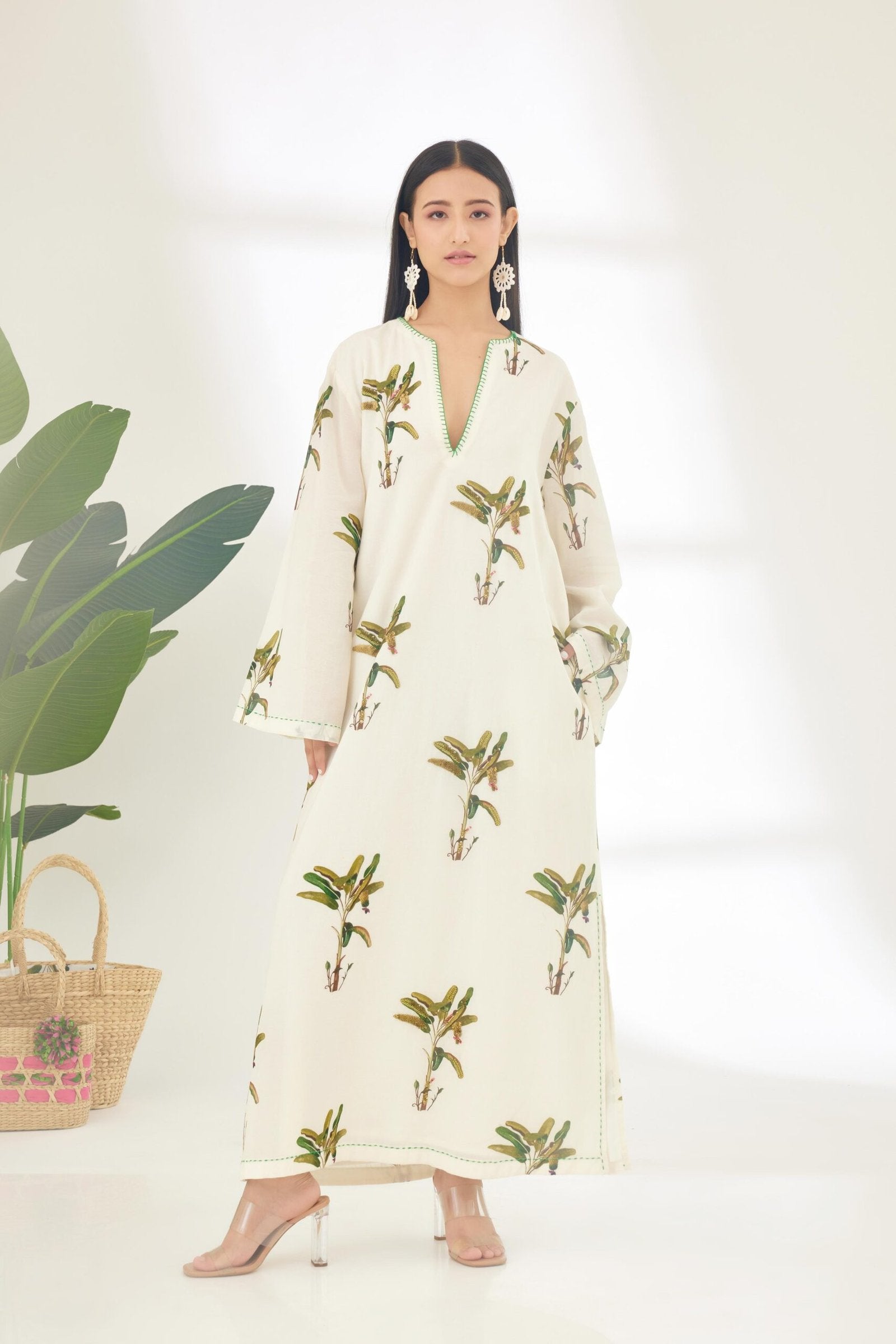 Off-White Hand painted Banana Tree Print Kaftan Dress