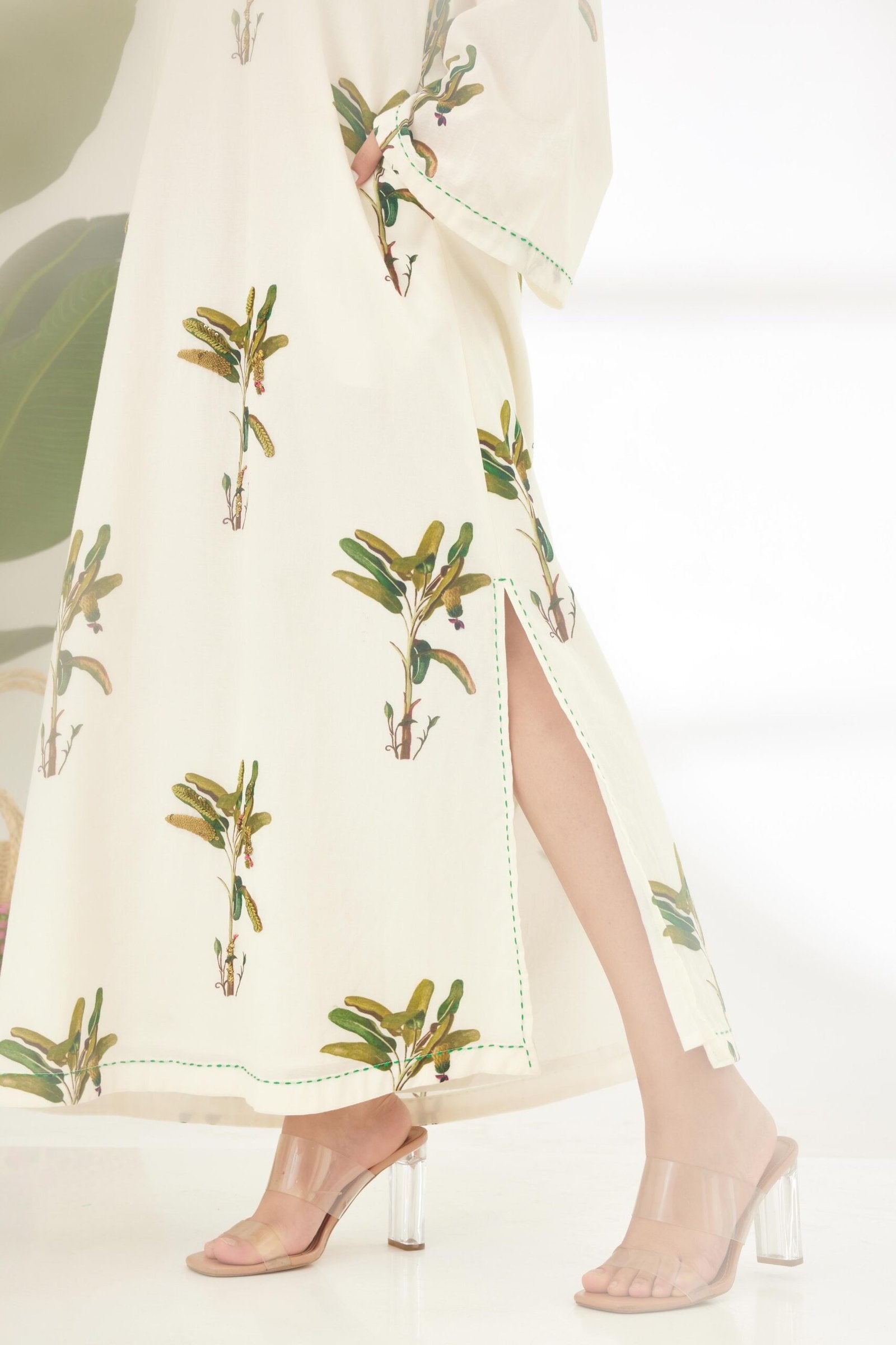 Off-White Hand painted Banana Tree Print Kaftan Dress