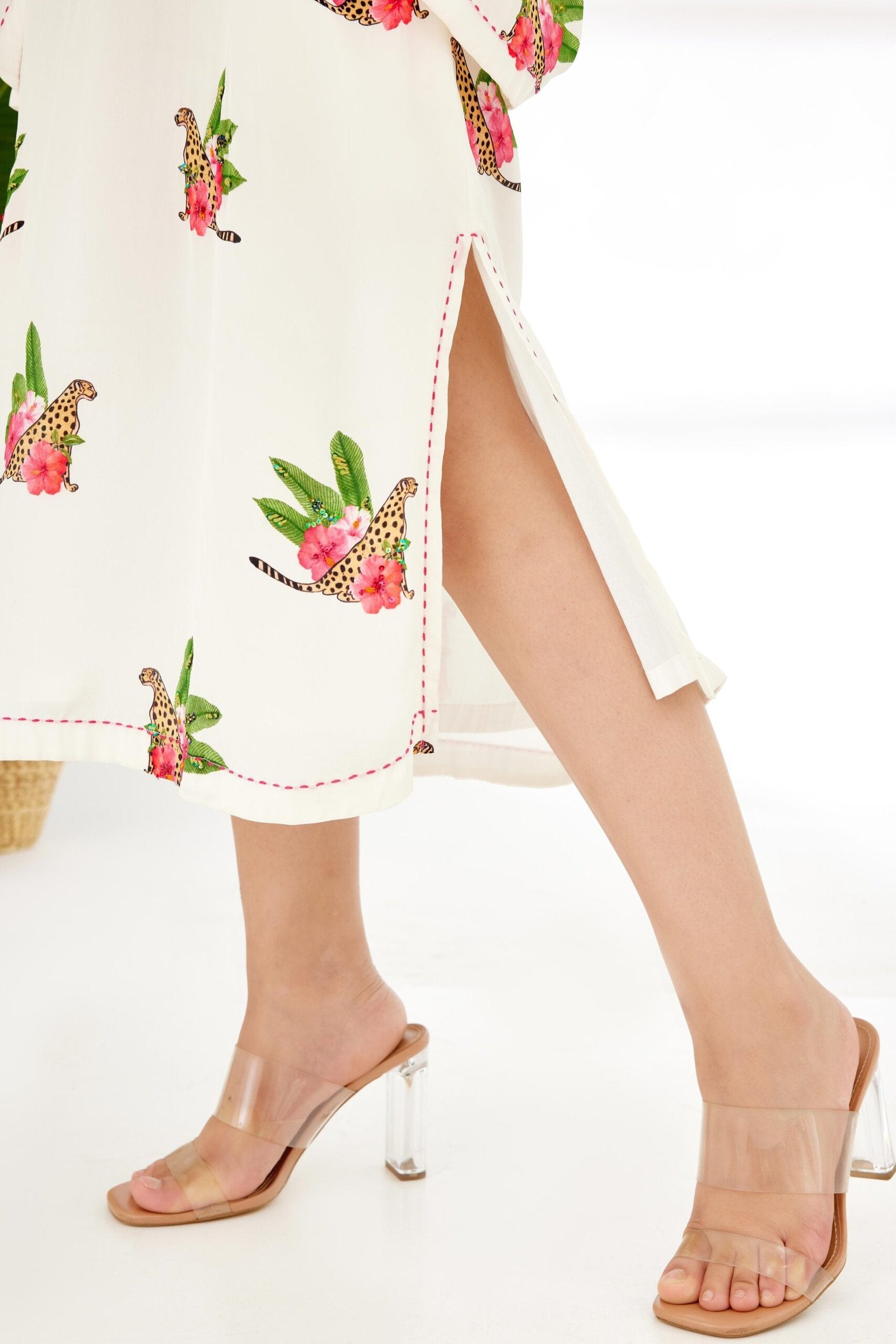 Off-White Hand painted Cheetah Print Kaftan Dress