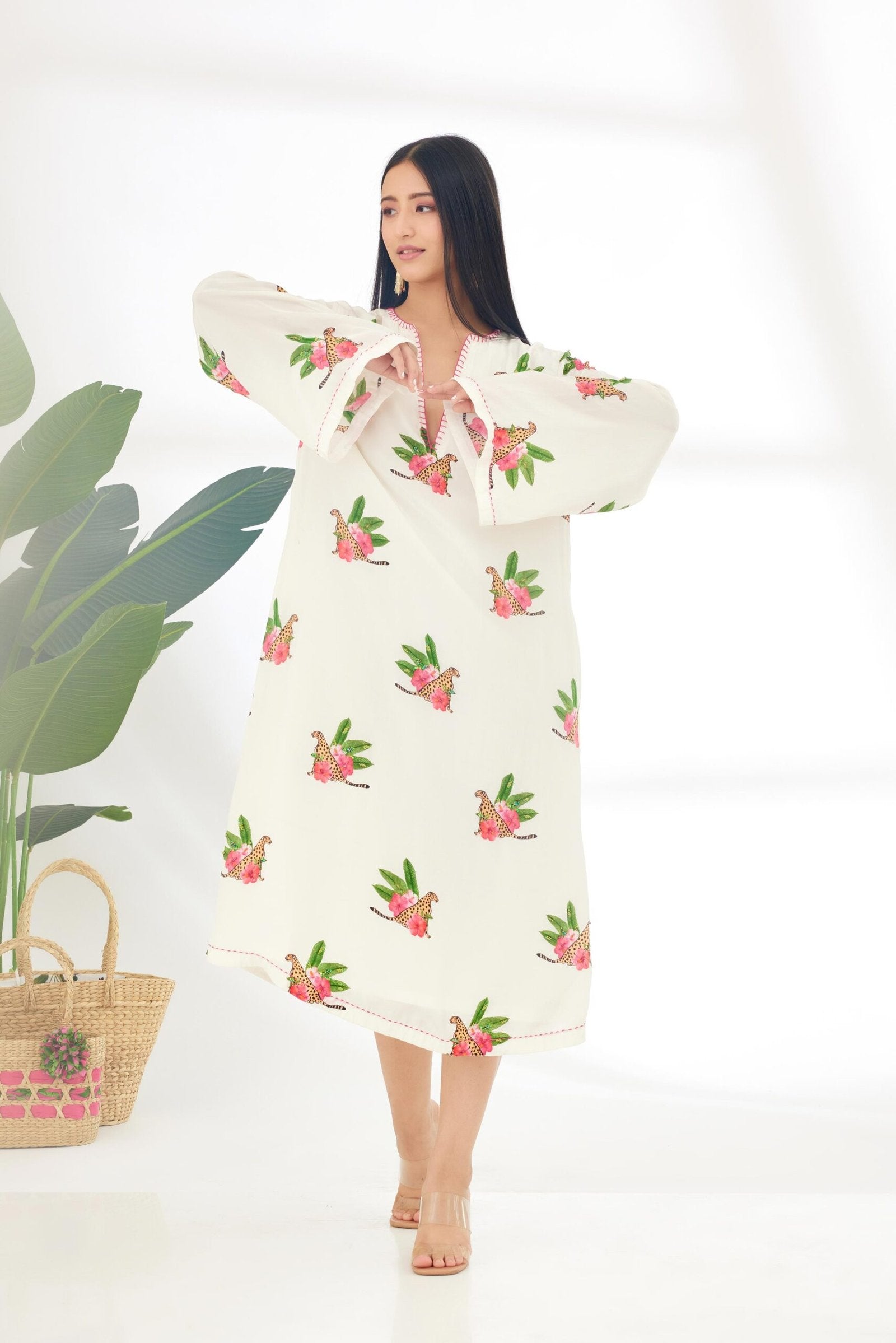 Off-White Hand painted Cheetah Print Kaftan Dress