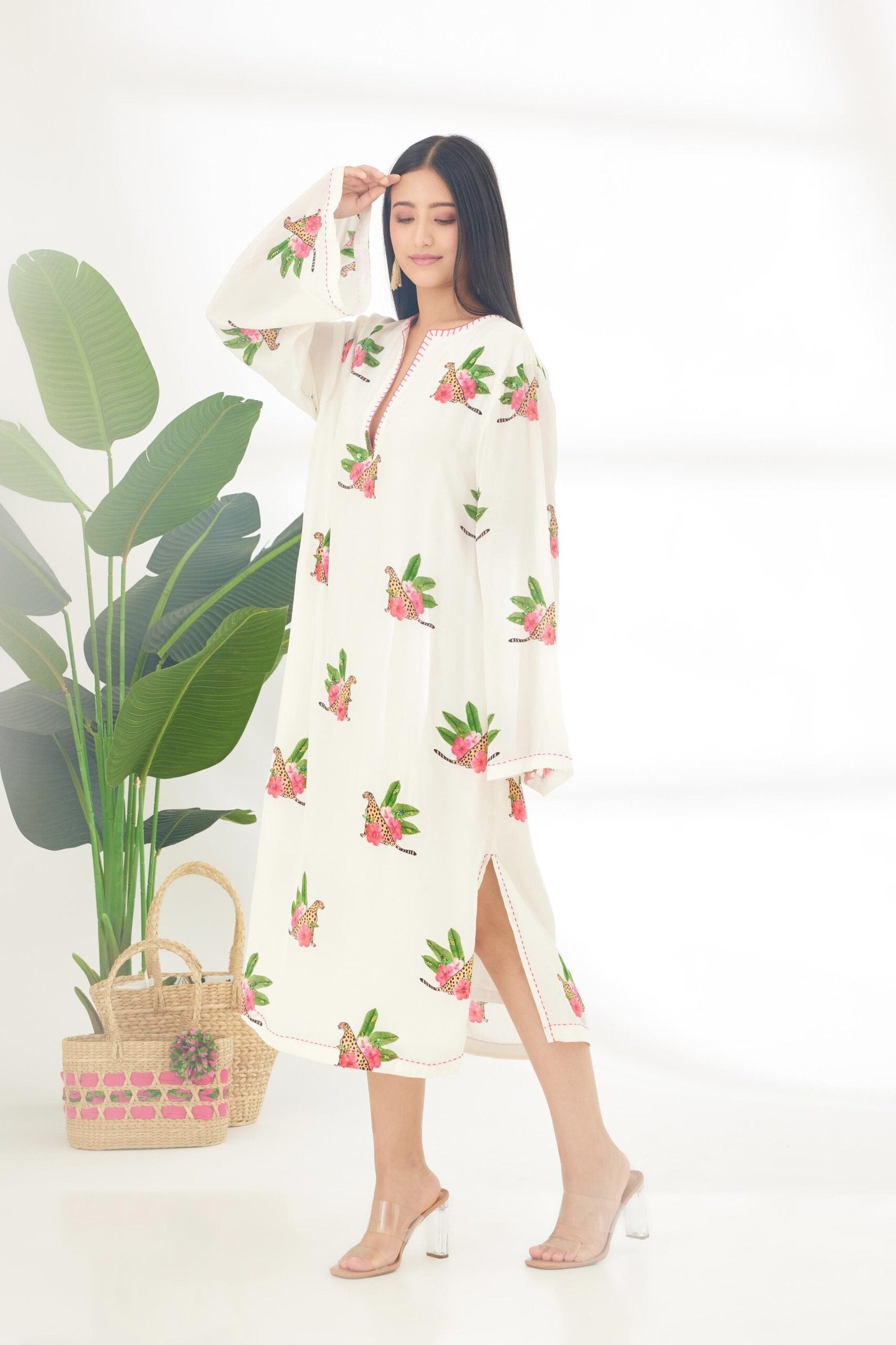 Off-White Hand painted Cheetah Print Kaftan Dress