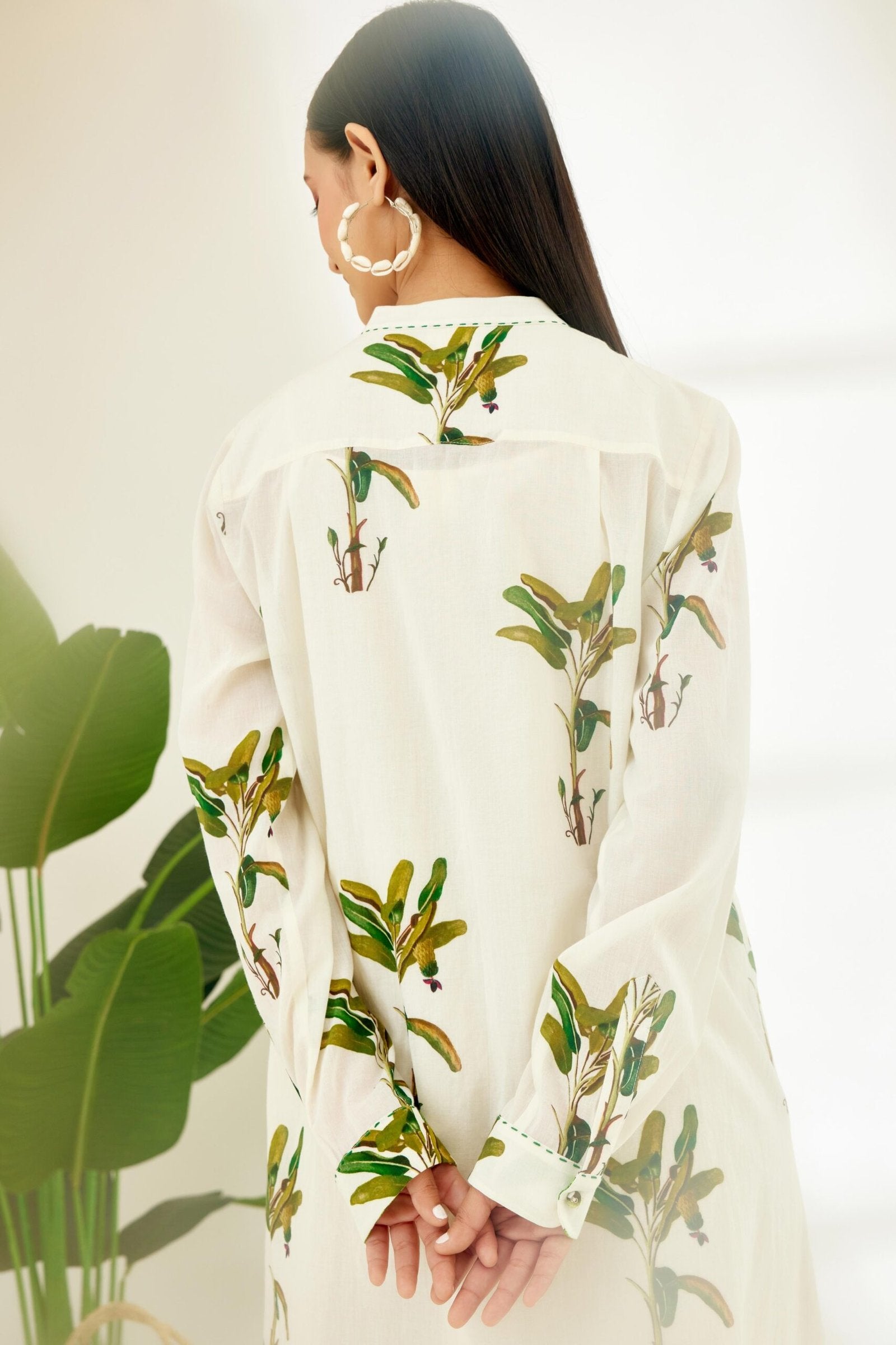 Off-White Hand painted Banana Tree Print Shirt Dress