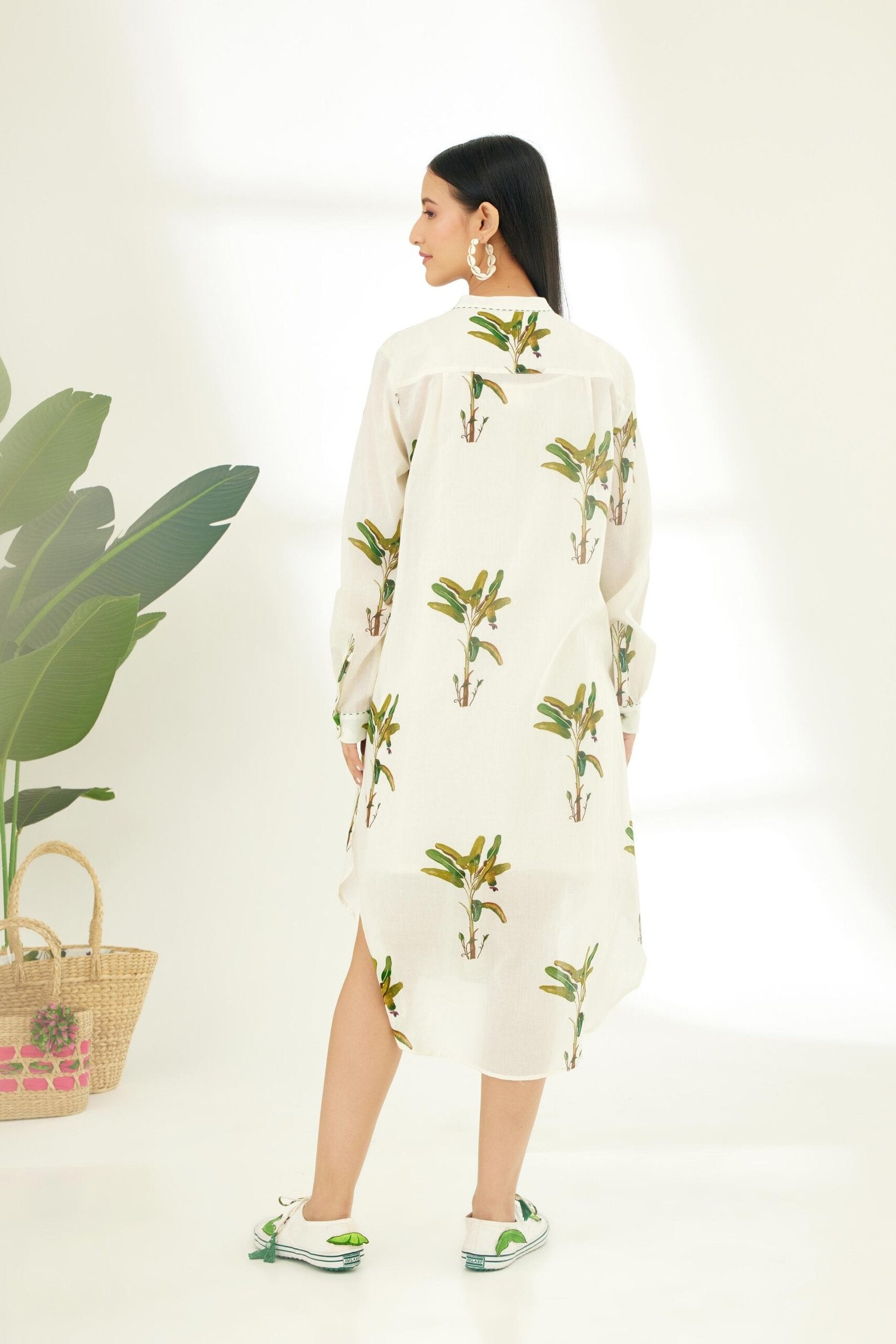 Off-White Hand painted Banana Tree Print Shirt Dress
