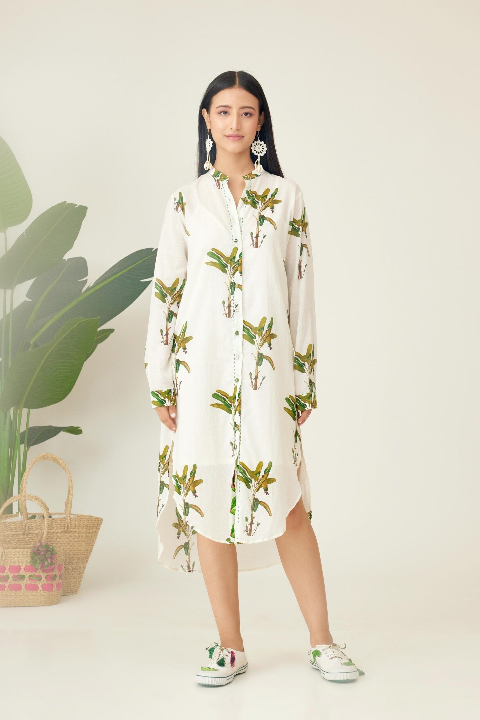 Off-White Hand painted Banana Tree Print Shirt Dress