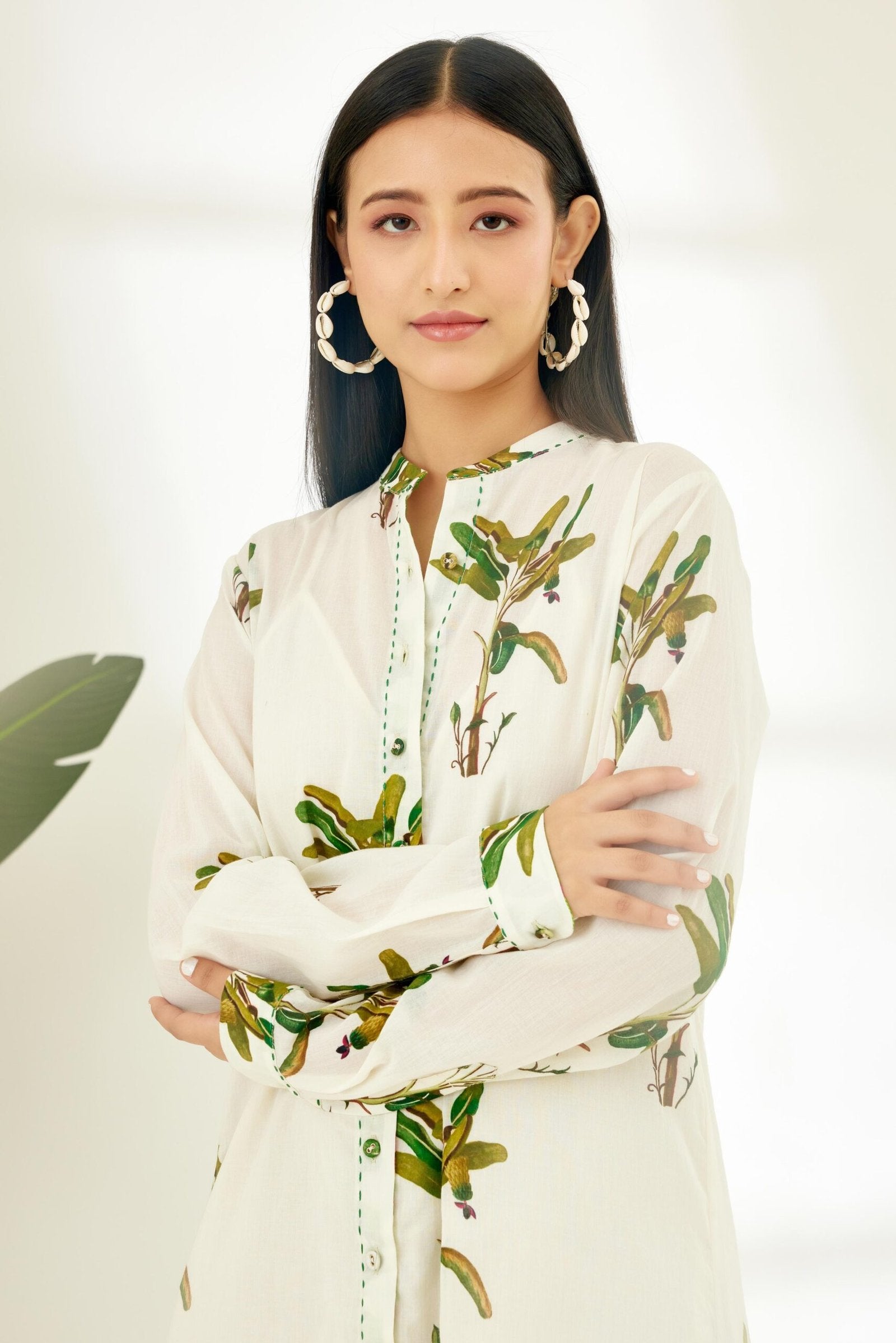 Off-White Hand painted Banana Tree Print Shirt Dress