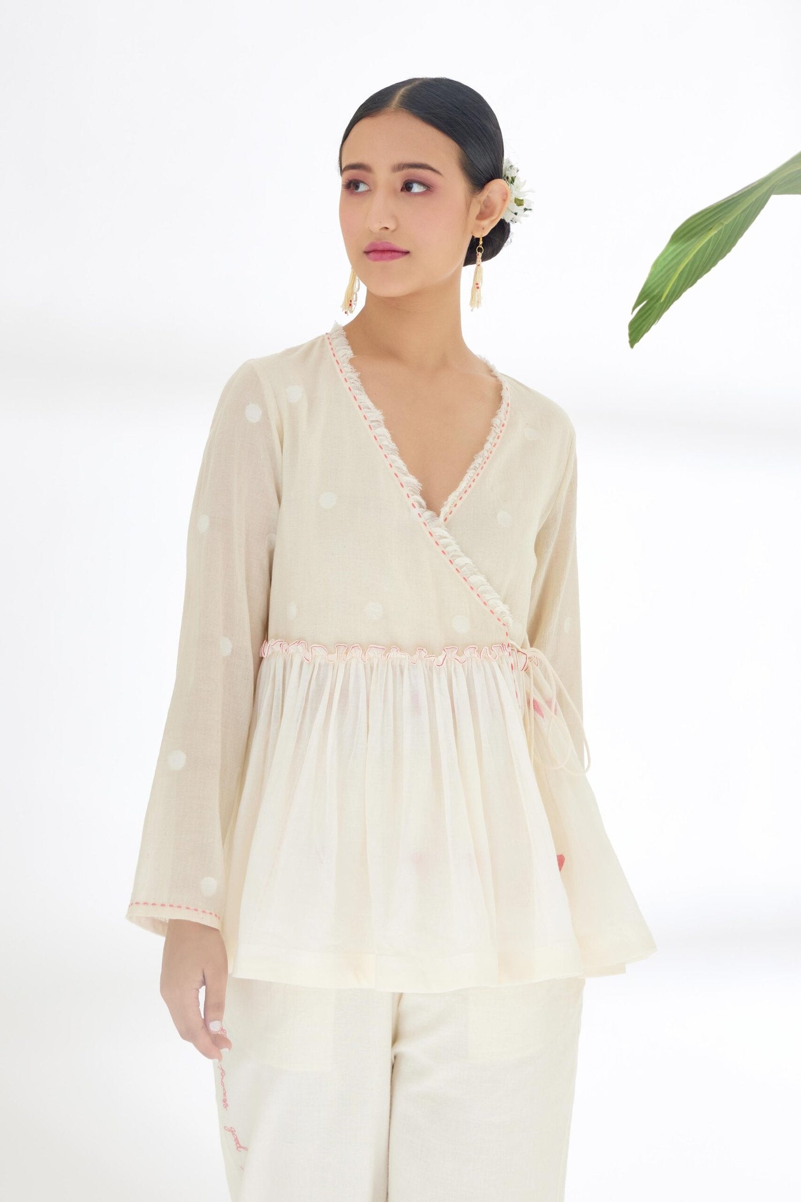 Cream Hand woven Polka Dot Jamdani Wrap Top