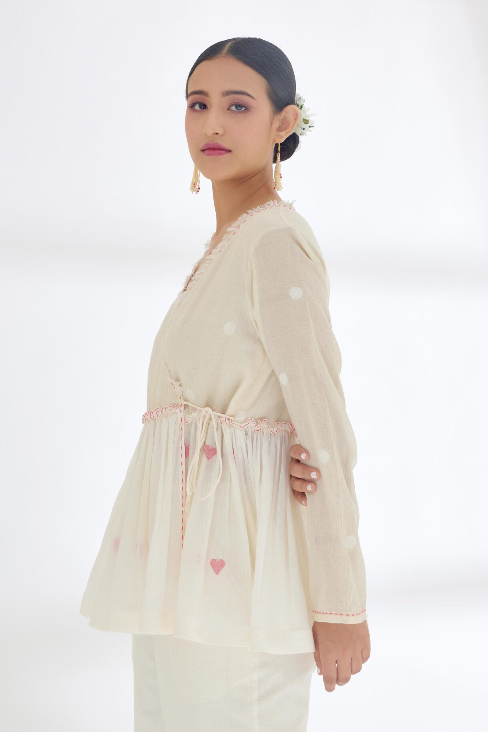 Cream Hand woven Polka Dot Jamdani Wrap Top