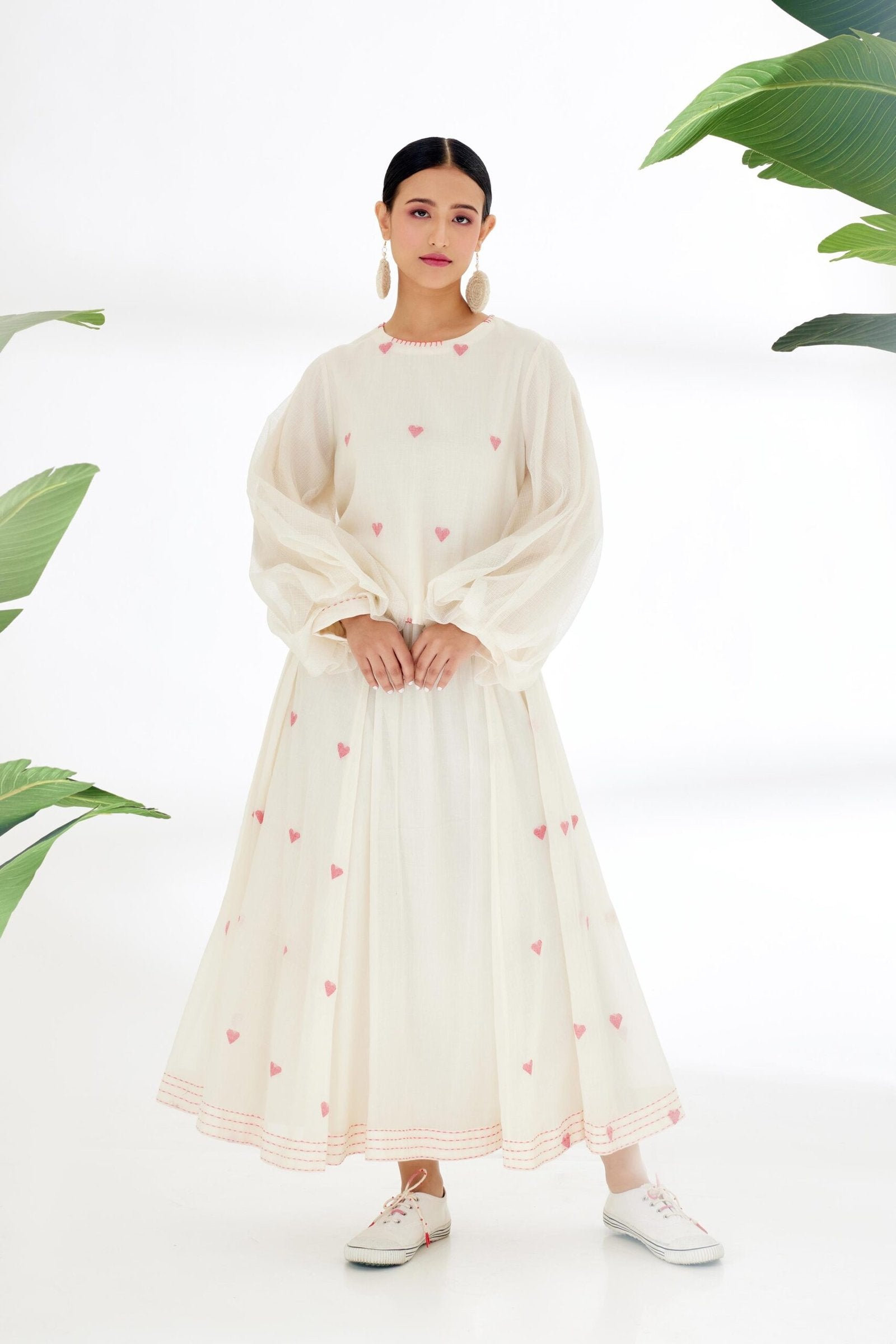 Cream Hand woven heart Jamdani A-Line Skirt