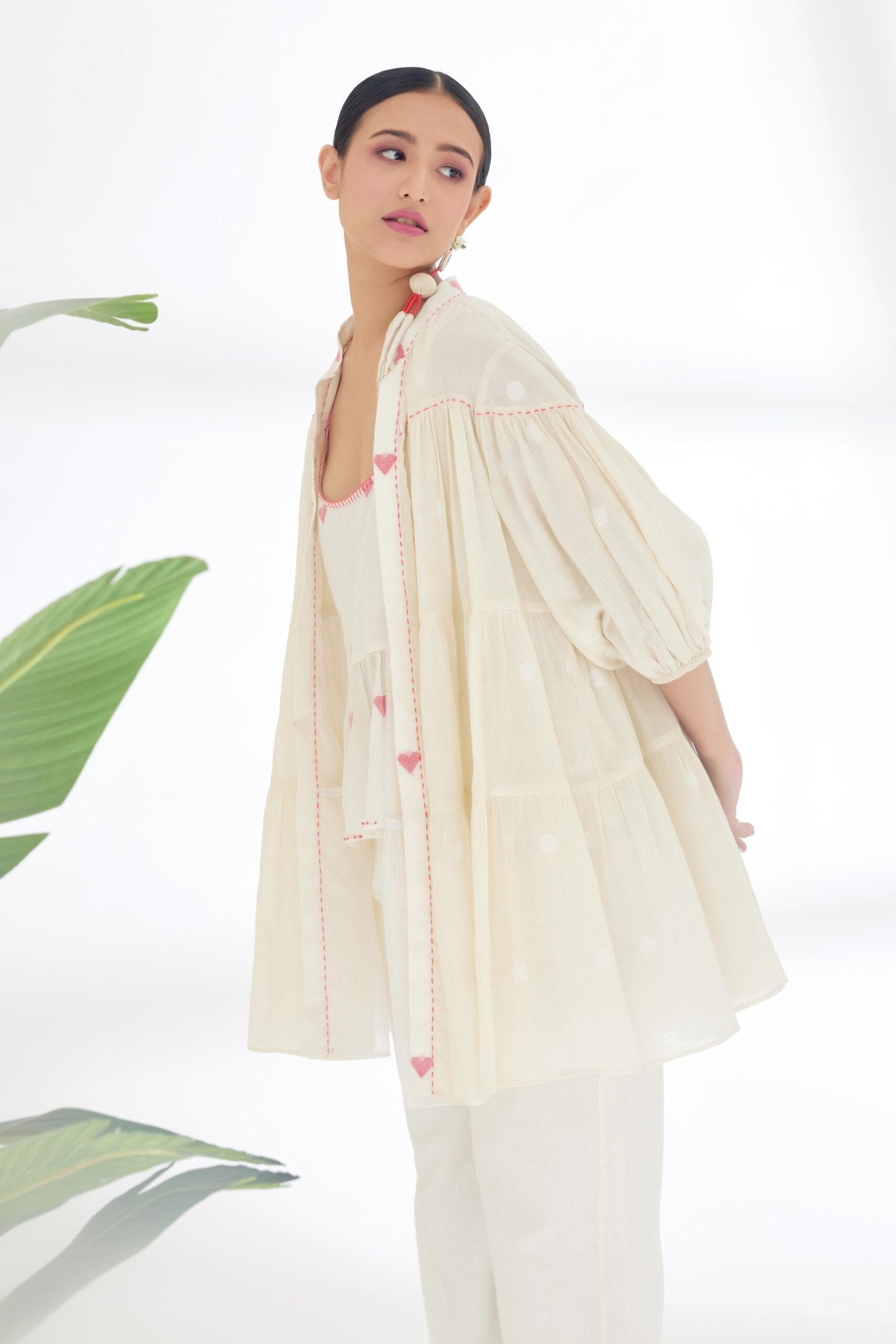 Cream Hand woven Polka dot Jamdani Reversible Jacket