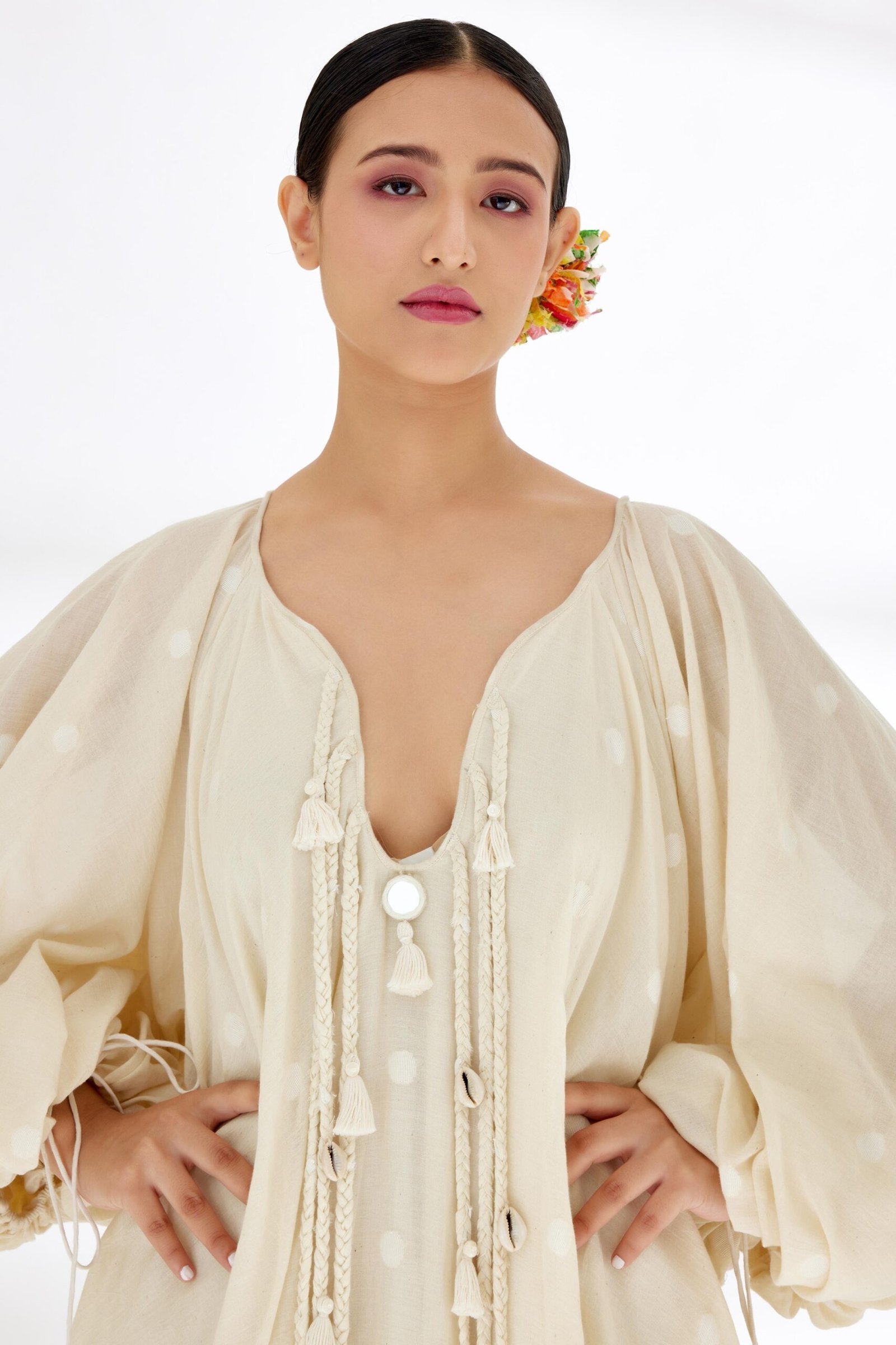 SANJANA BATRA In Cream Hand woven Polka Dot Jamdani Maxi Dress