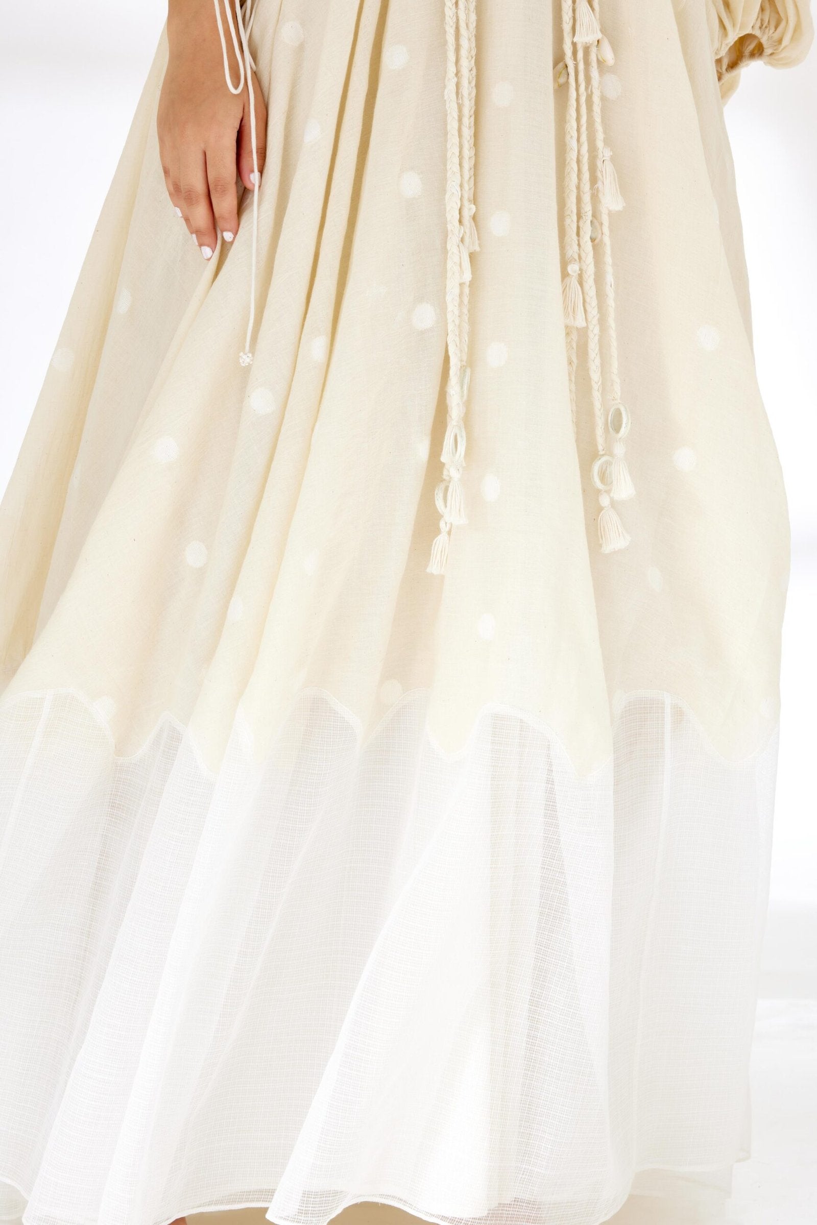 SANJANA BATRA In Cream Hand woven Polka Dot Jamdani Maxi Dress