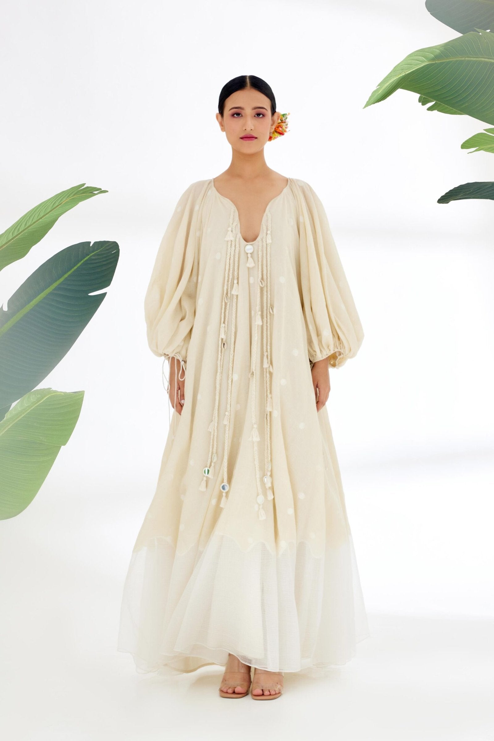 SANJANA BATRA In Cream Hand woven Polka Dot Jamdani Maxi Dress