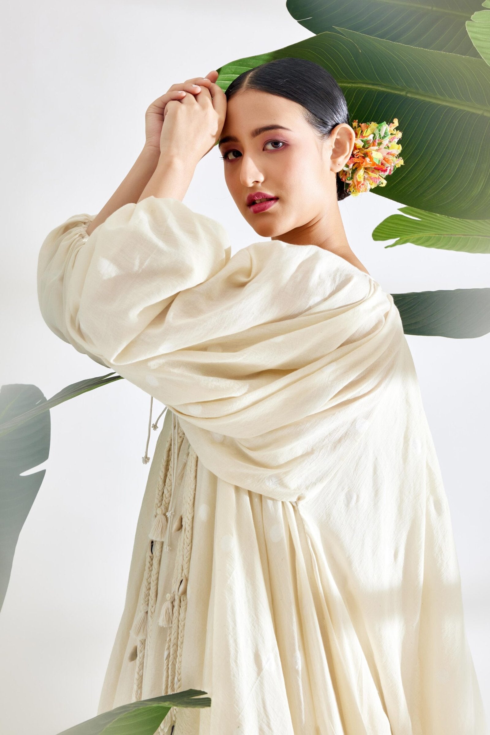 SANJANA BATRA In Cream Hand woven Polka Dot Jamdani Maxi Dress