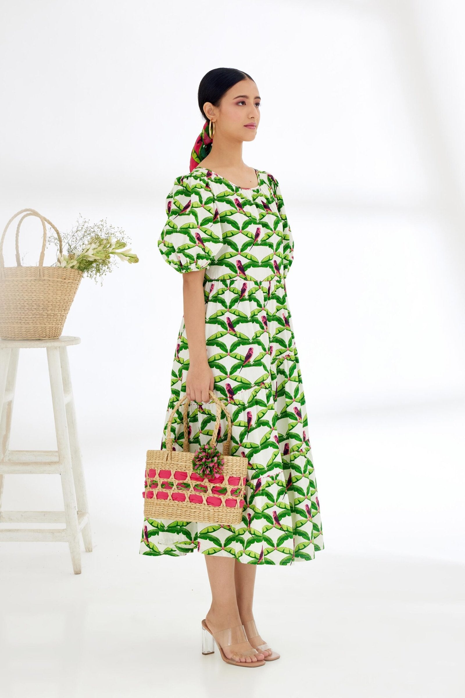 Off-White Hand painted Parakeet Print bubble sleeve Tier Dress