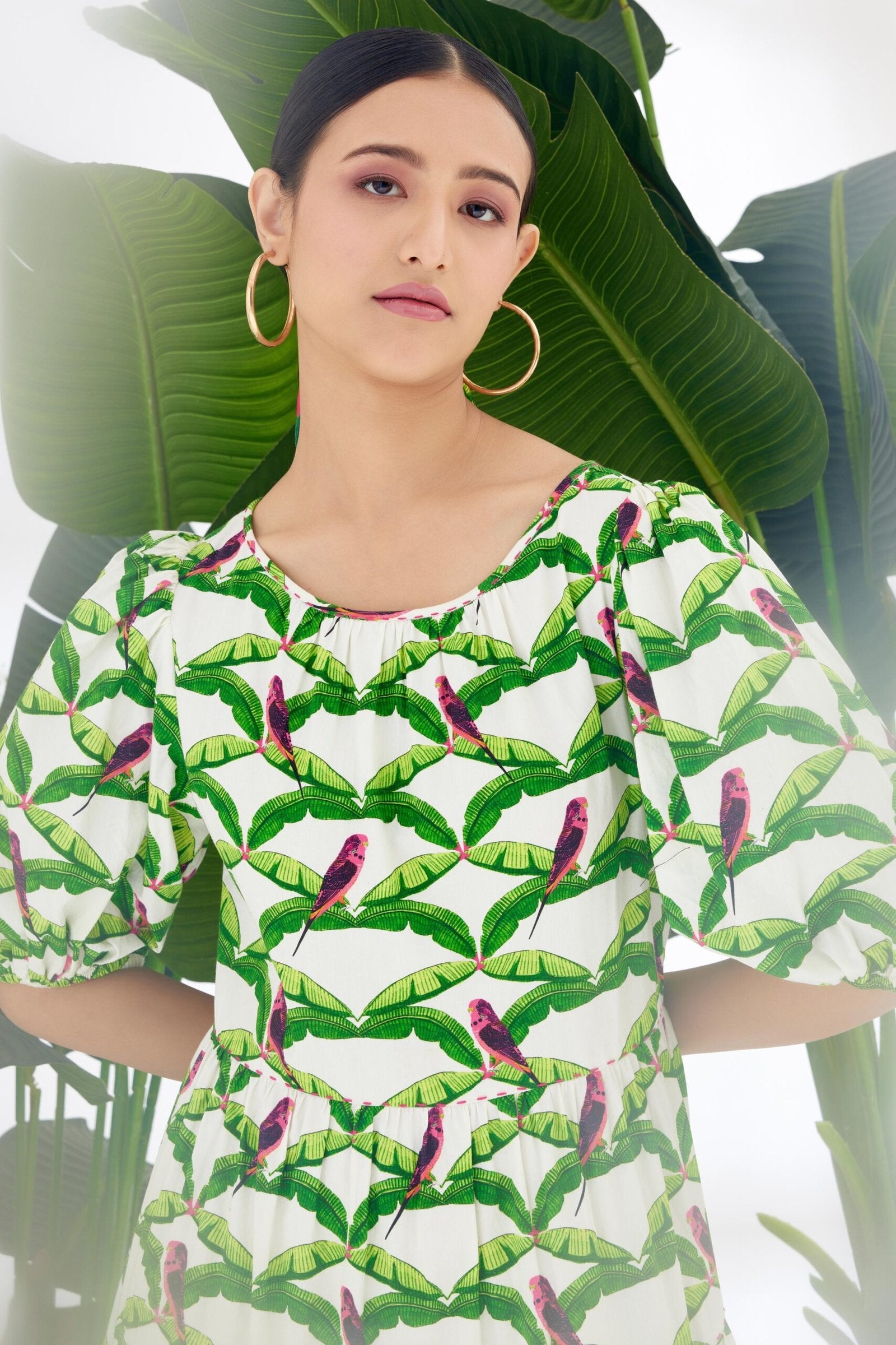 Off-White Hand painted Parakeet Print bubble sleeve Tier Dress