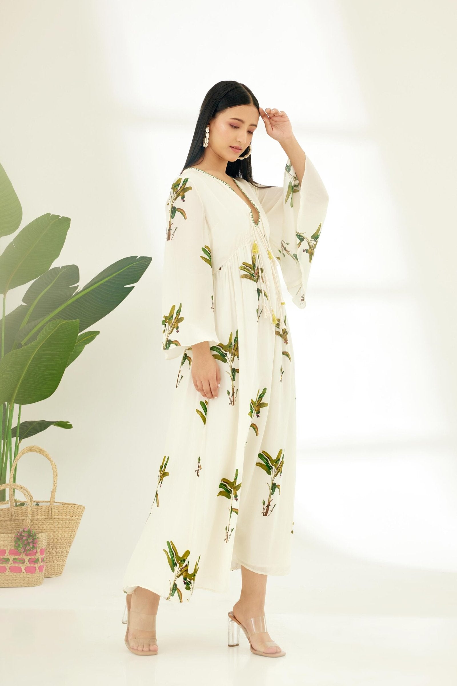 Off-White Hand painted Banana Tree Print Dress