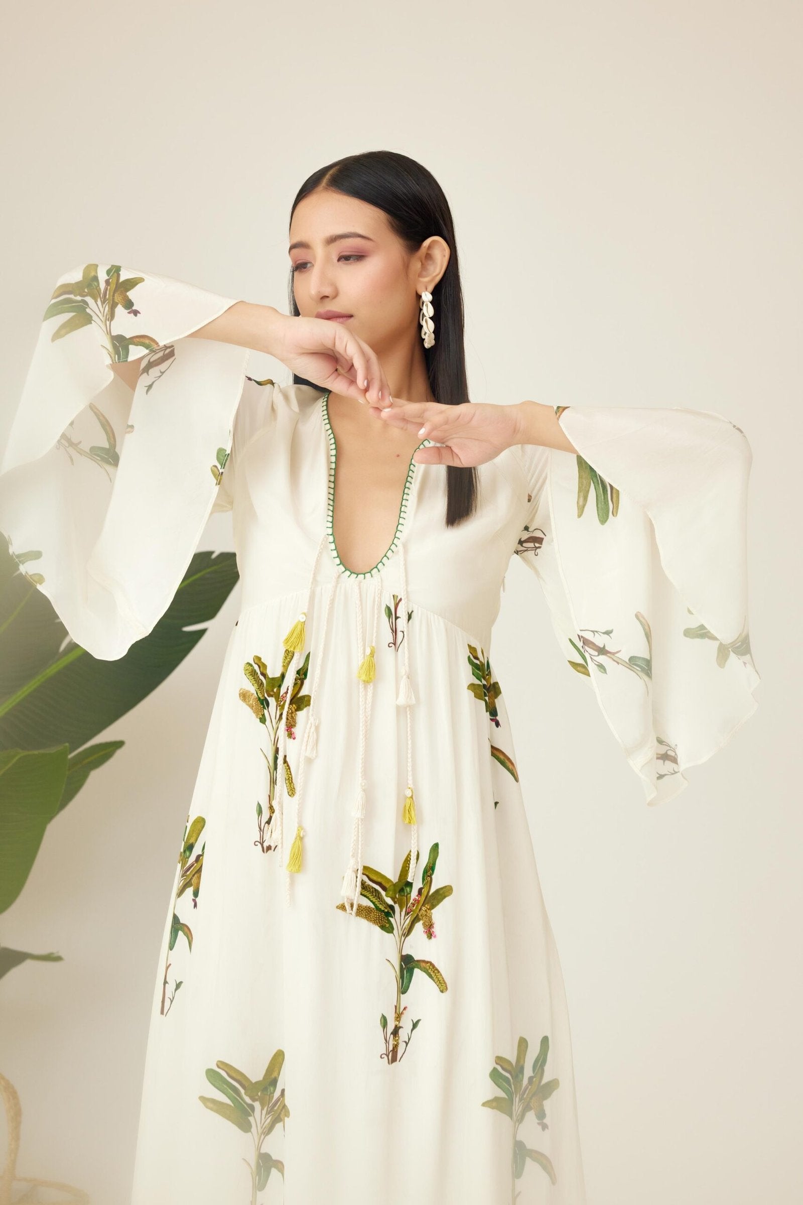 Off-White Hand painted Banana Tree Print Dress