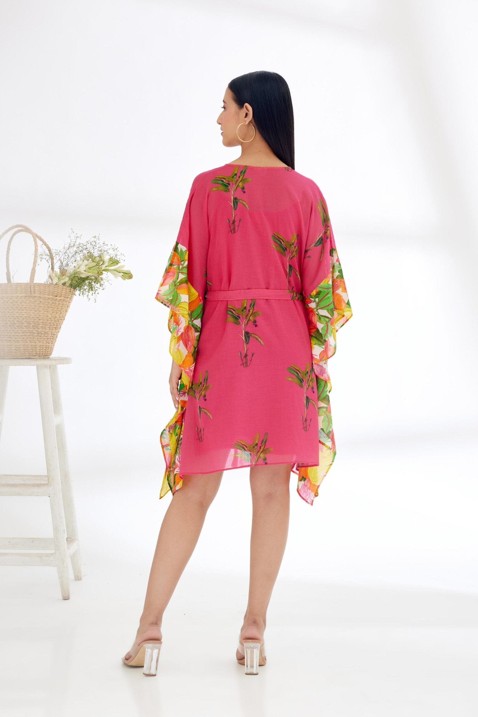 Fuschia Pink hand painted Tree Banana Fruit Print border Kaftan Dress