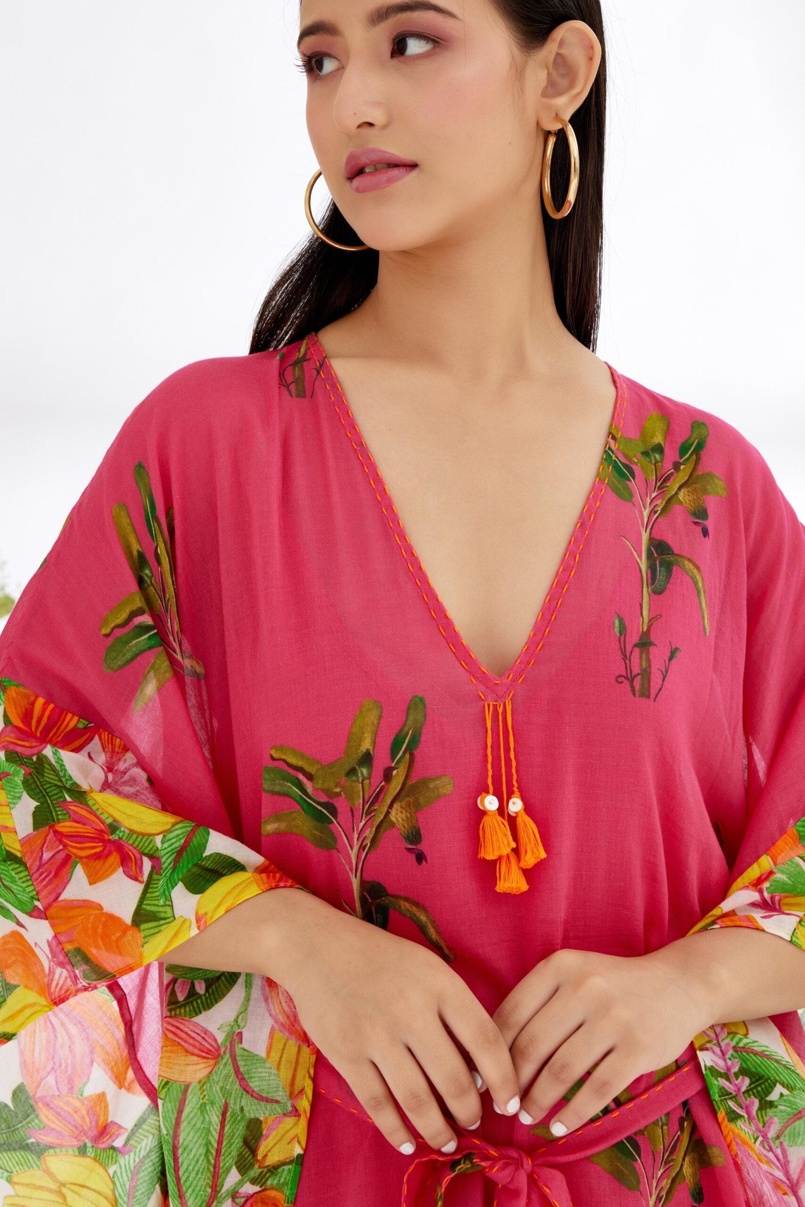 Fuschia Pink hand painted Tree Banana Fruit Print border Kaftan Dress