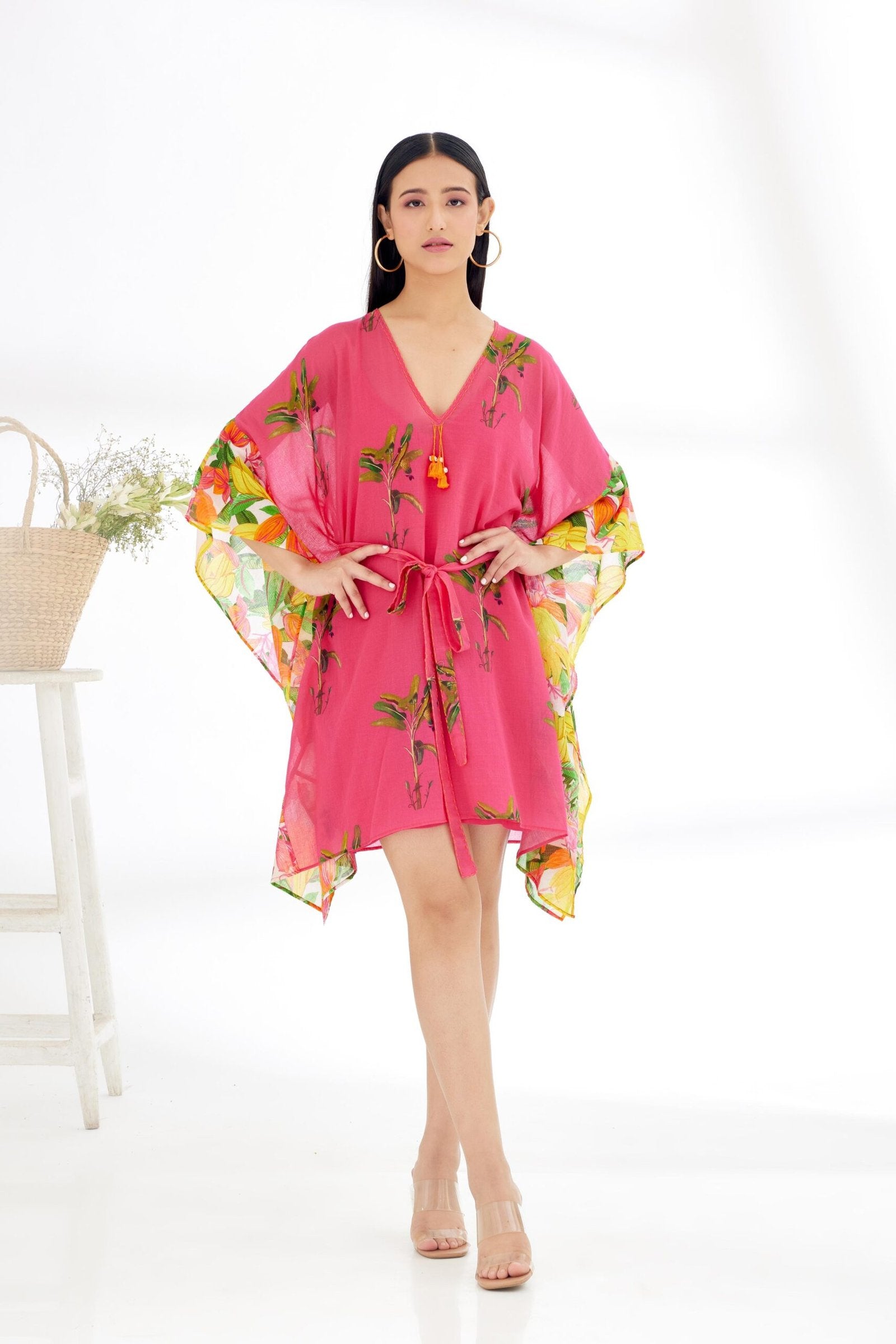 Fuschia Pink hand painted Tree Banana Fruit Print border Kaftan Dress