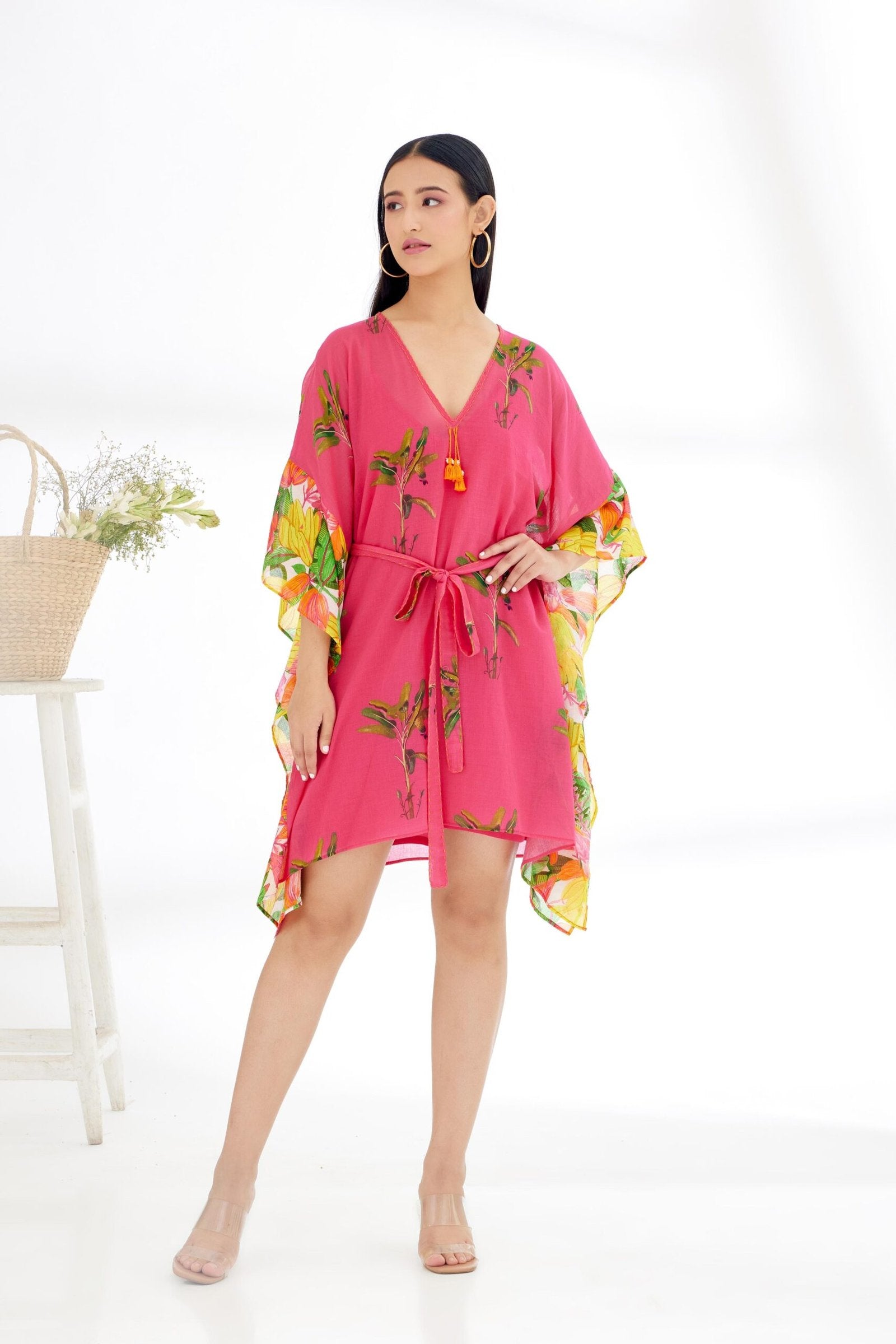 Fuschia Pink hand painted Tree Banana Fruit Print border Kaftan Dress