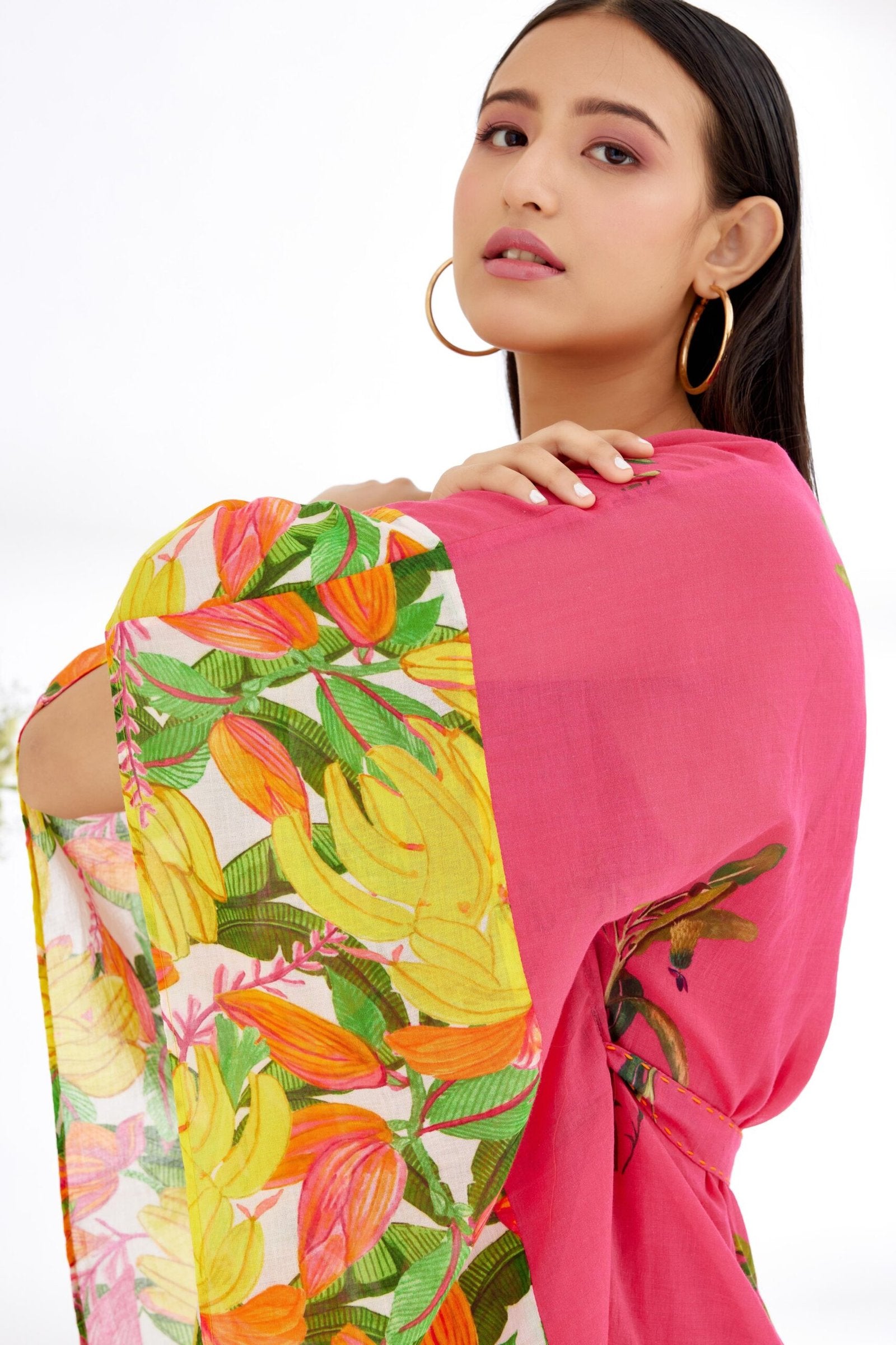Fuschia Pink hand painted Tree Banana Fruit Print border Kaftan Dress