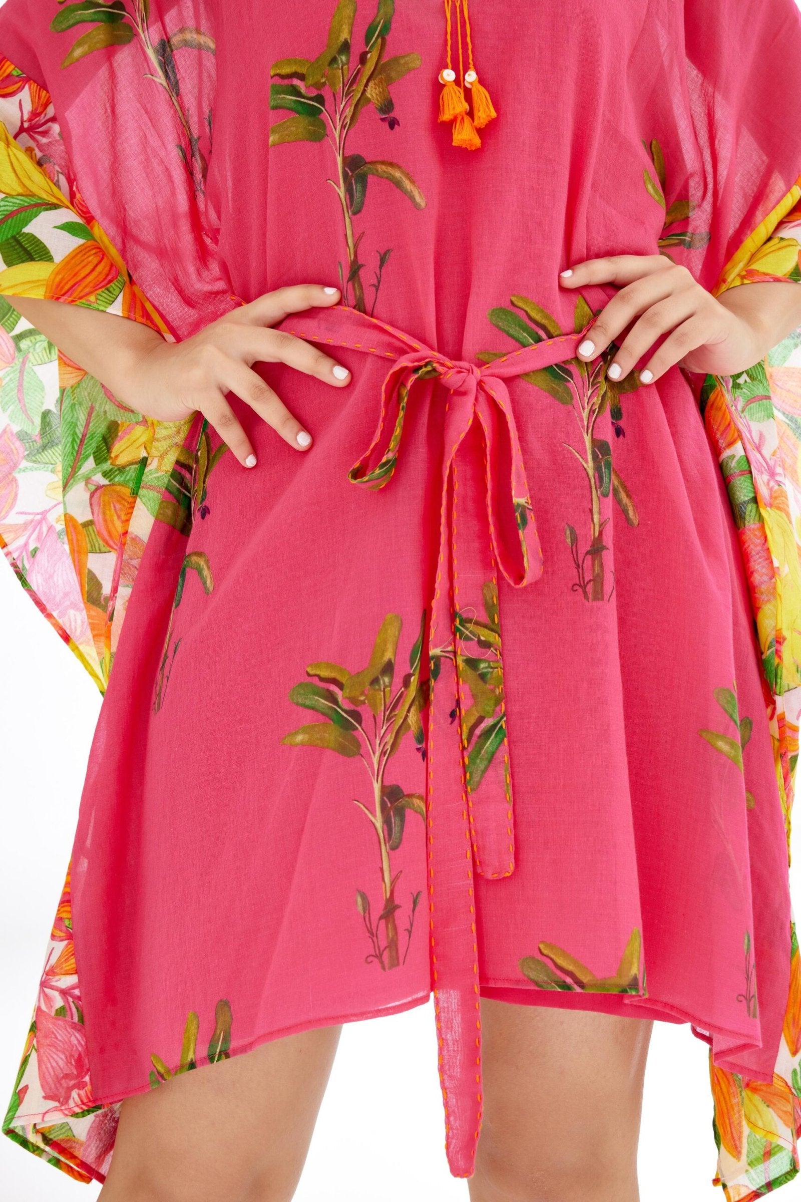 Fuschia Pink hand painted Tree Banana Fruit Print border Kaftan Dress
