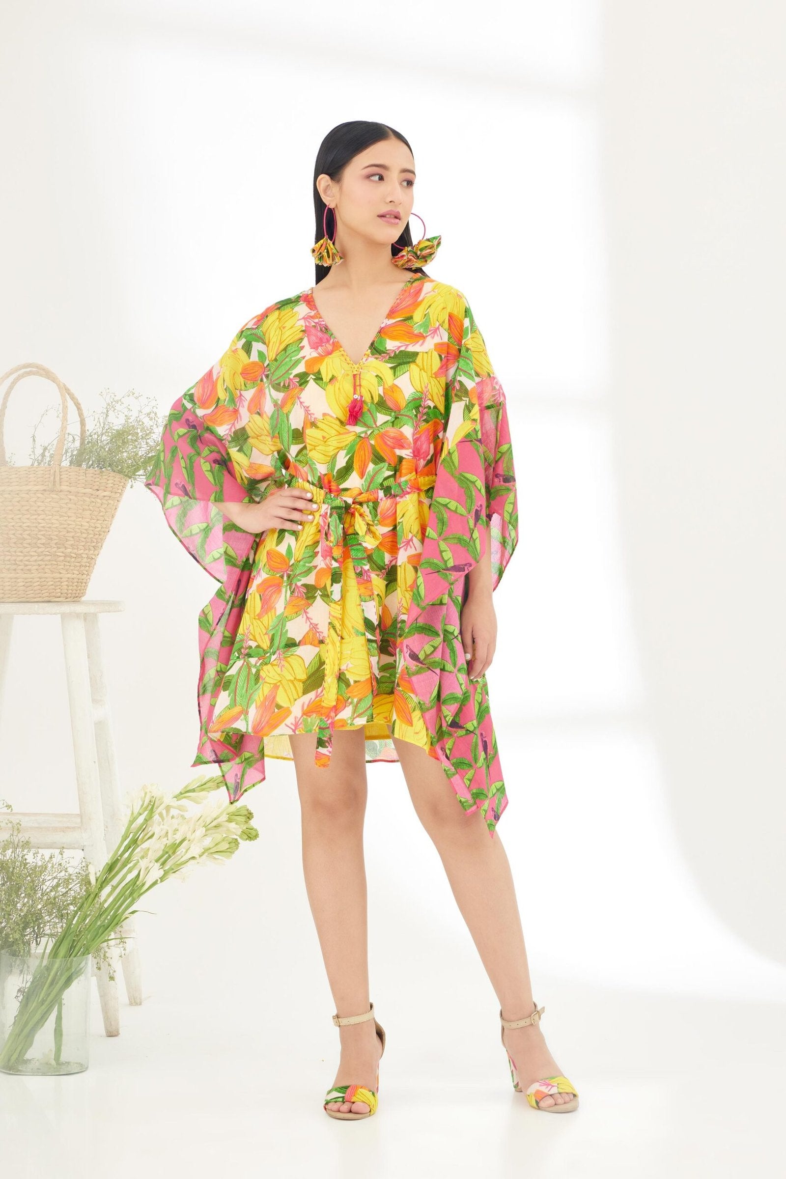 Bespoke hand painted Banana Fruit Fushia Pink border Kaftan Dress