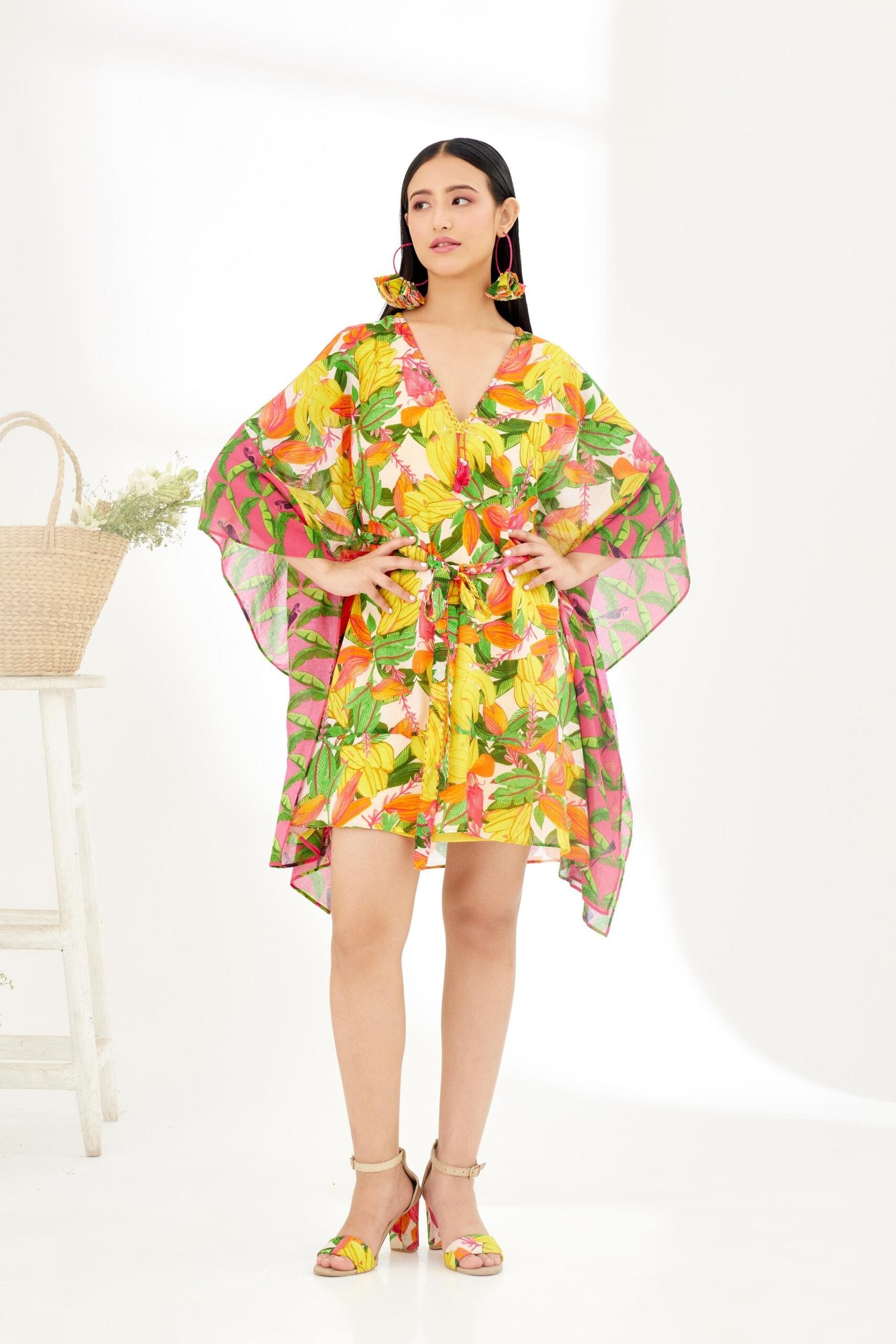Bespoke hand painted Banana Fruit Fushia Pink border Kaftan Dress