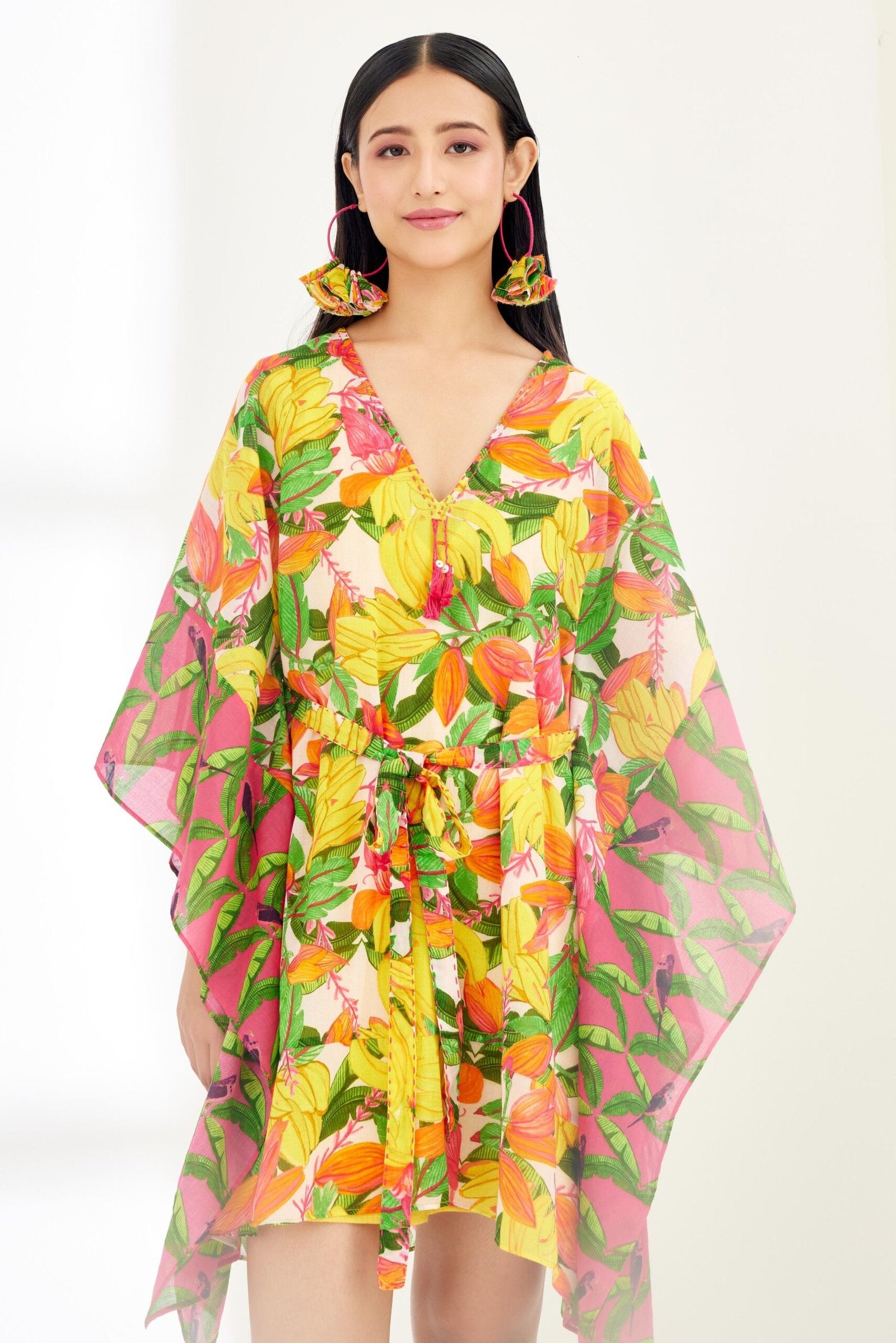 Bespoke hand painted Banana Fruit Fushia Pink border Kaftan Dress