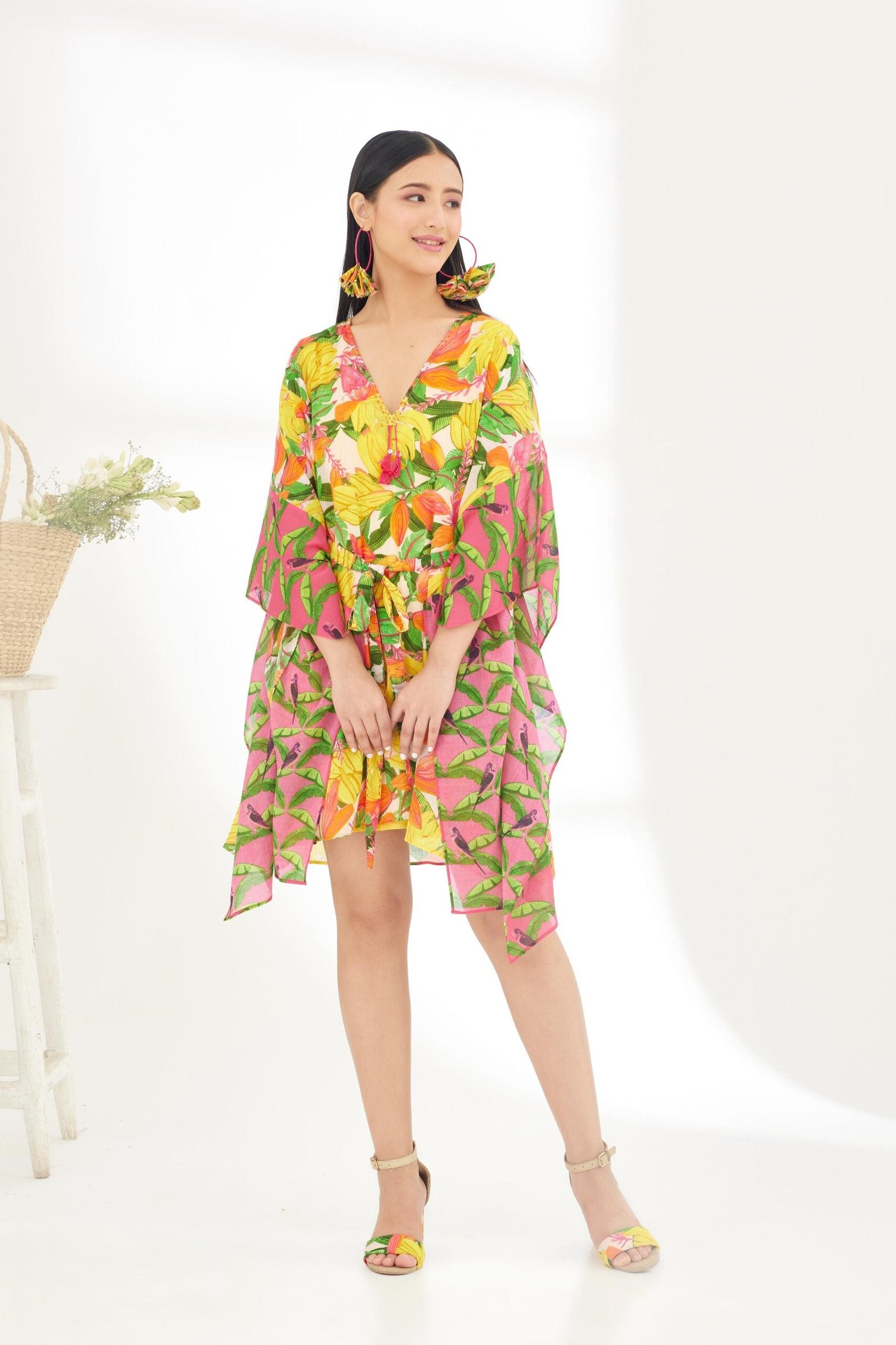 Bespoke hand painted Banana Fruit Fushia Pink border Kaftan Dress