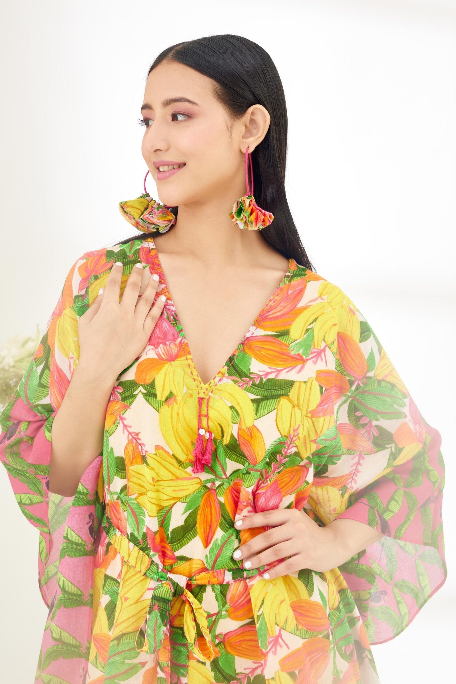 Bespoke hand painted Banana Fruit Fushia Pink border Kaftan Dress