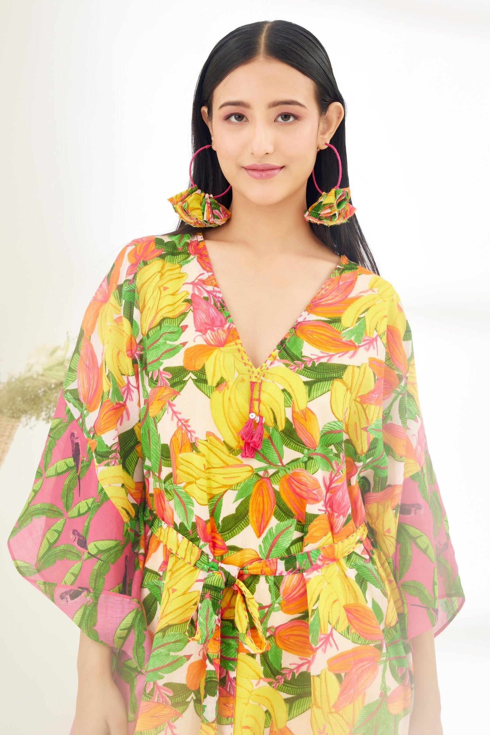 Bespoke hand painted Banana Fruit Fushia Pink border Kaftan Dress